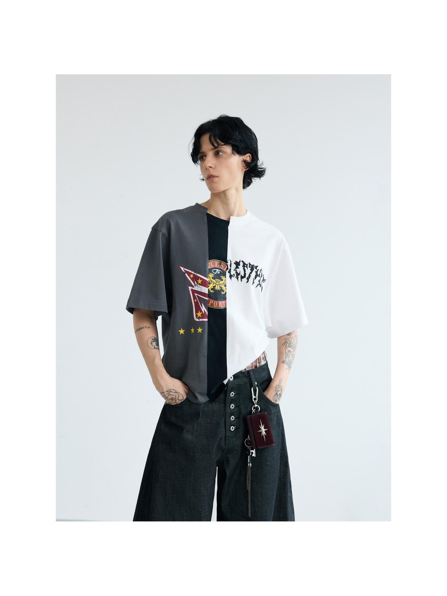 Peoplesense Retro Asymmetrical Contrast Patchwork Tee