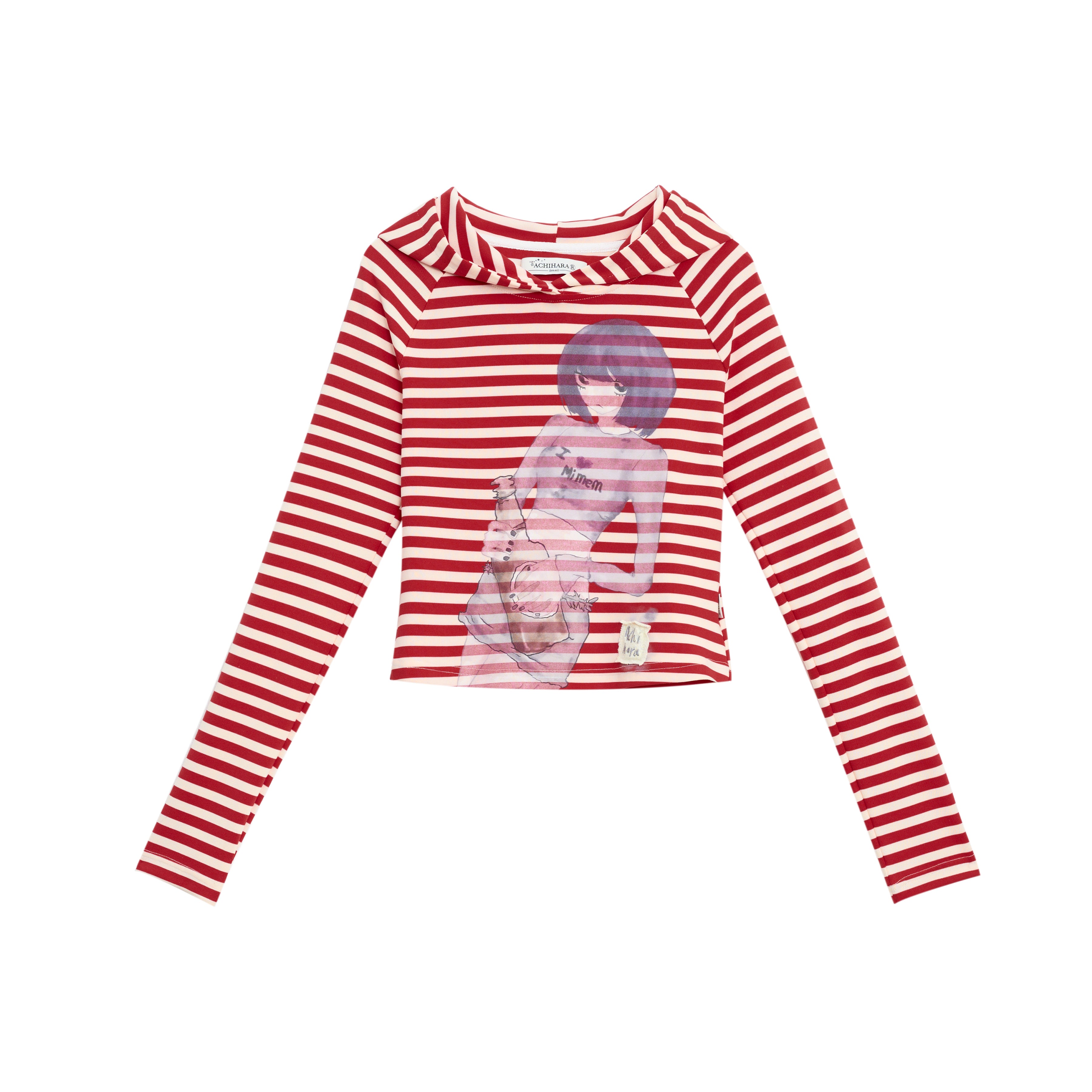 Achihara Drunk Mickey Stripes Long Sleeve Hooded T-Shirt