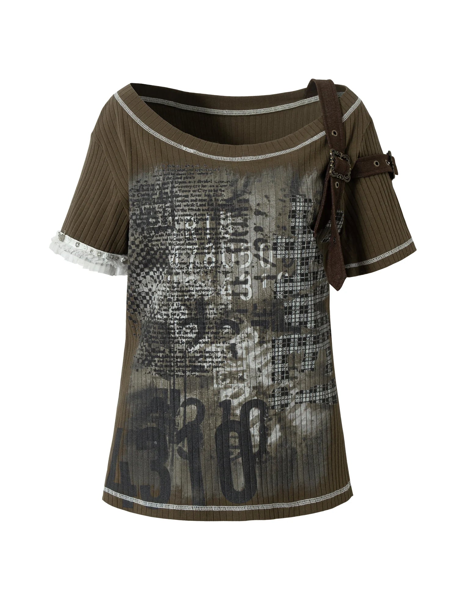 Punk Military Asymmetrical Sleeve Print Loose Knit T-Shirt