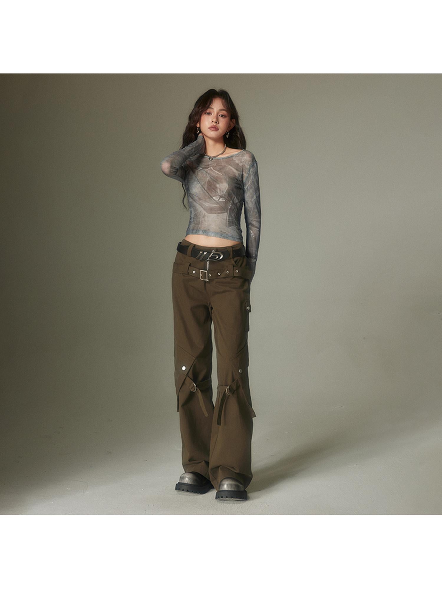 DIDDI MODA Double Belt Utility Cargo Pants Loose Straight Leg Tactical Trousers