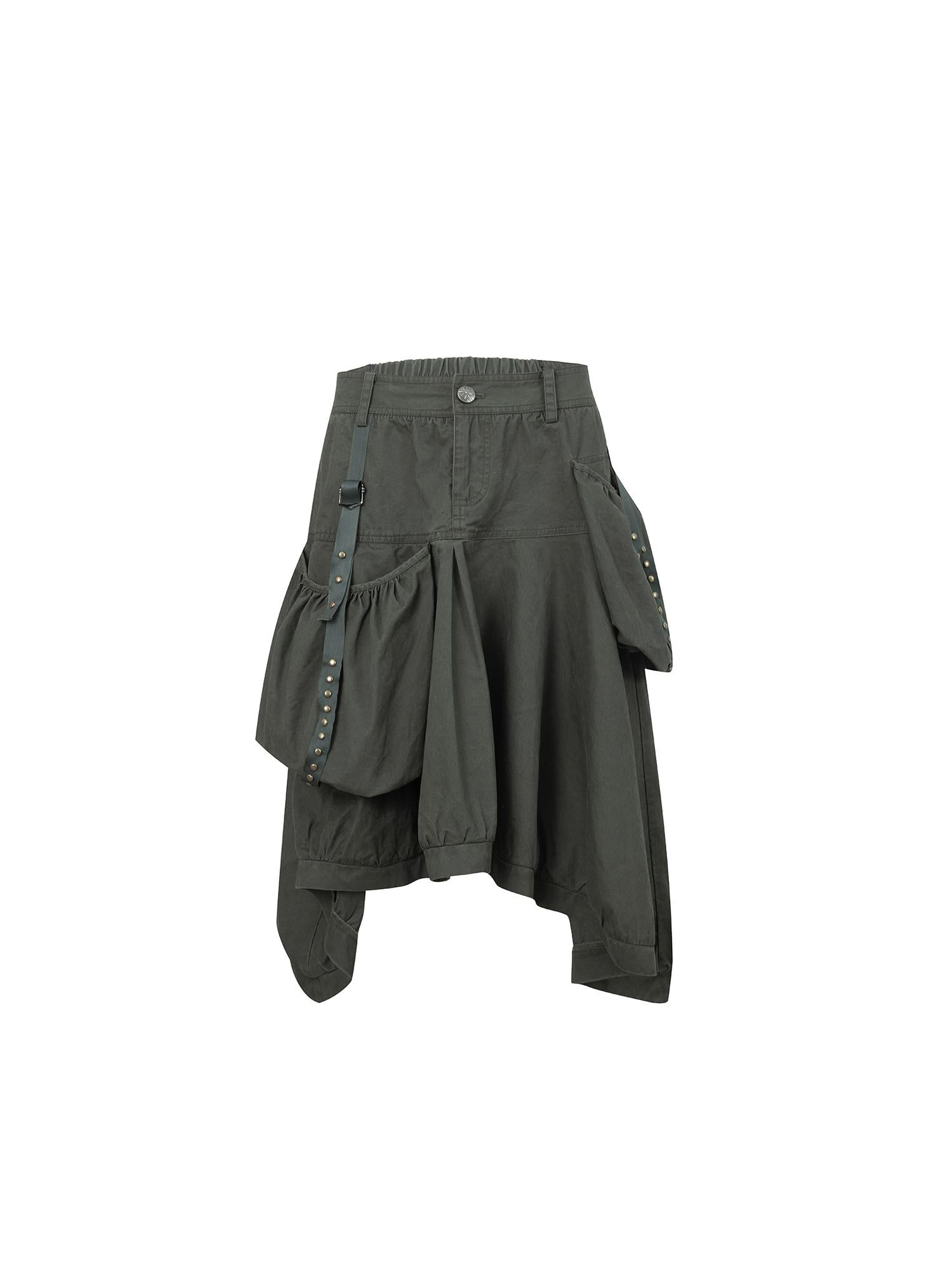 DoublePunch Vintage Washed Cotton A-Line Puffy Midi Skirt With Pockets