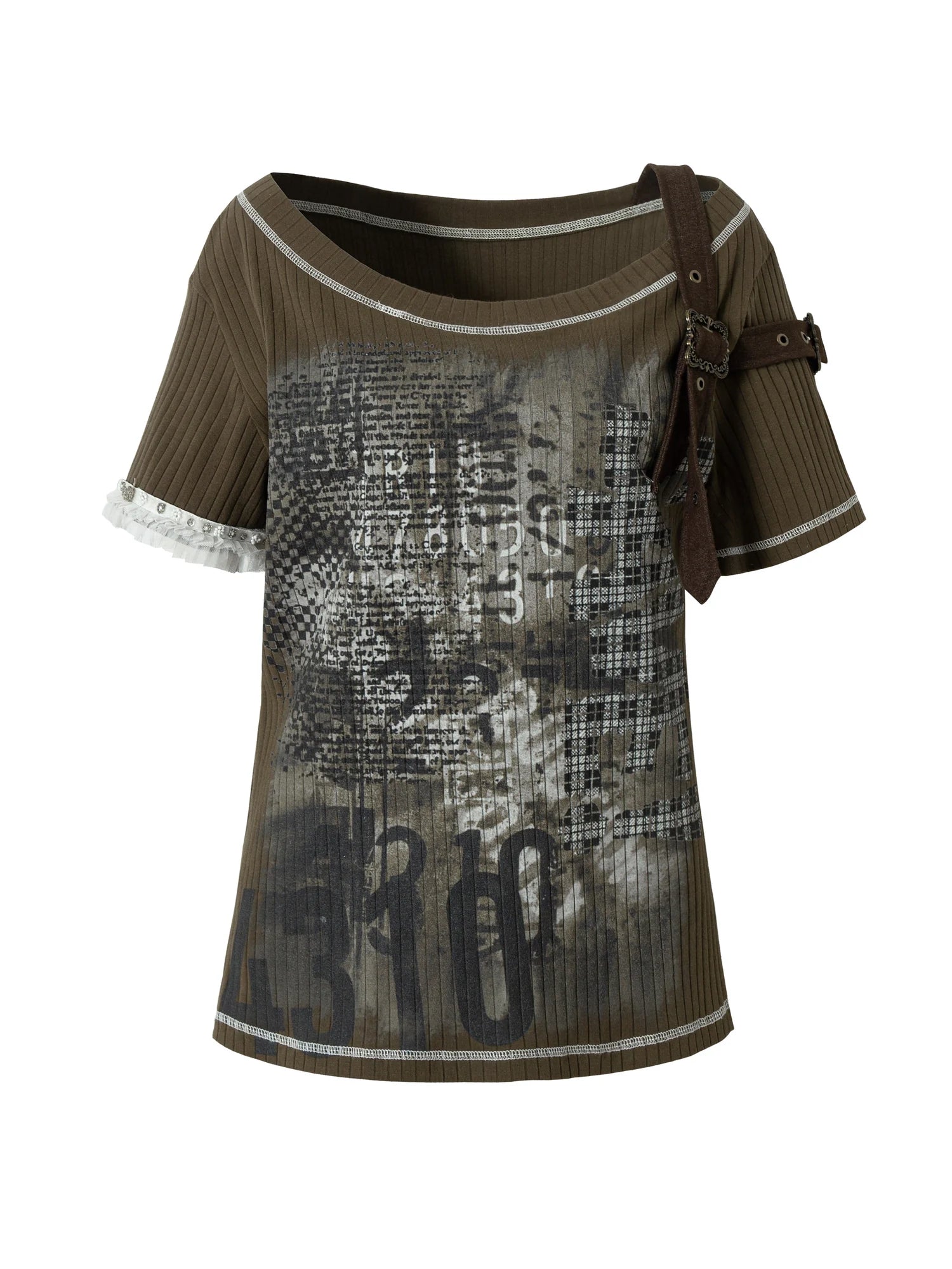 Punk Military Asymmetrical Sleeve Print Loose Knit T-Shirt