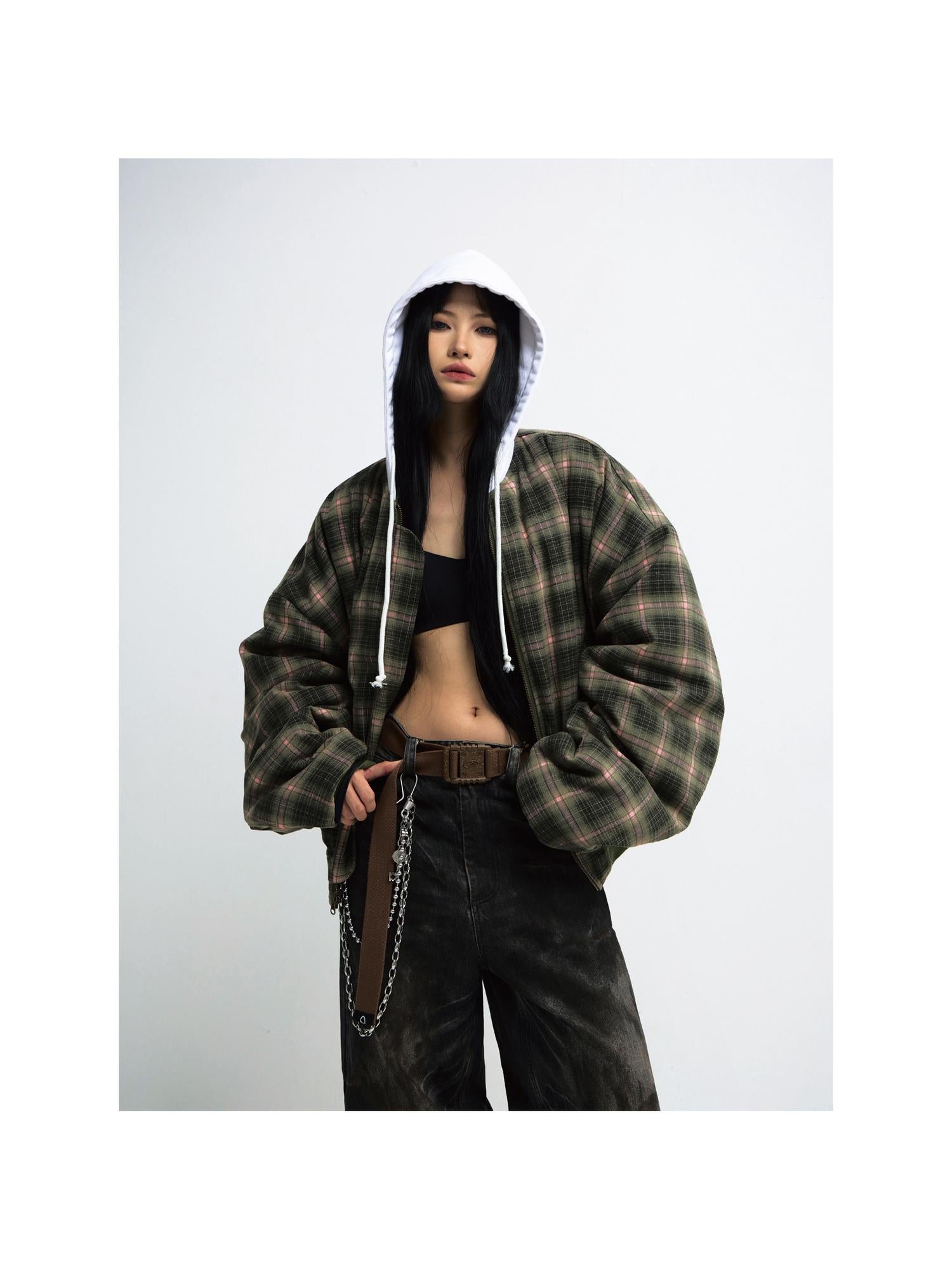 PEOPLESENSE Double Sided Checkered Detachable Hooded Padded Coat