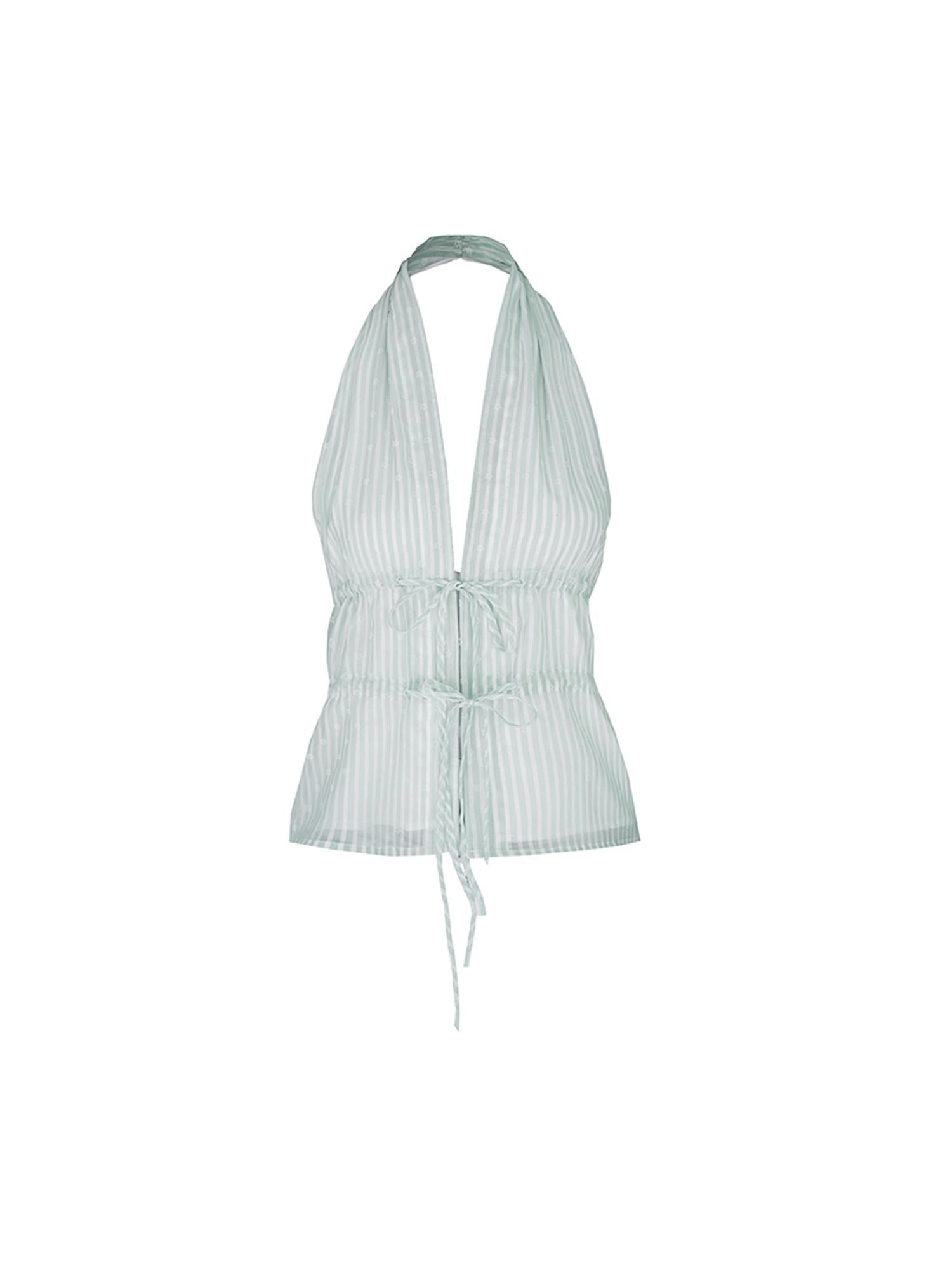 STRIKE A POSE Sweet Comfortable Backless Mesh Striped Ruffle Floral Embroidered Halter Top