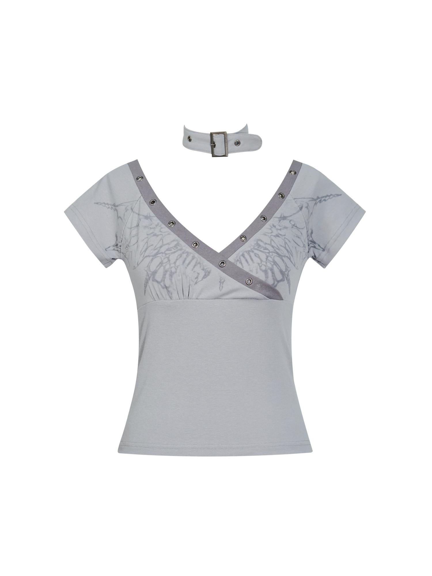 Cest Nous Pink Blue Butterfly Print Cross Neck T-Shirt