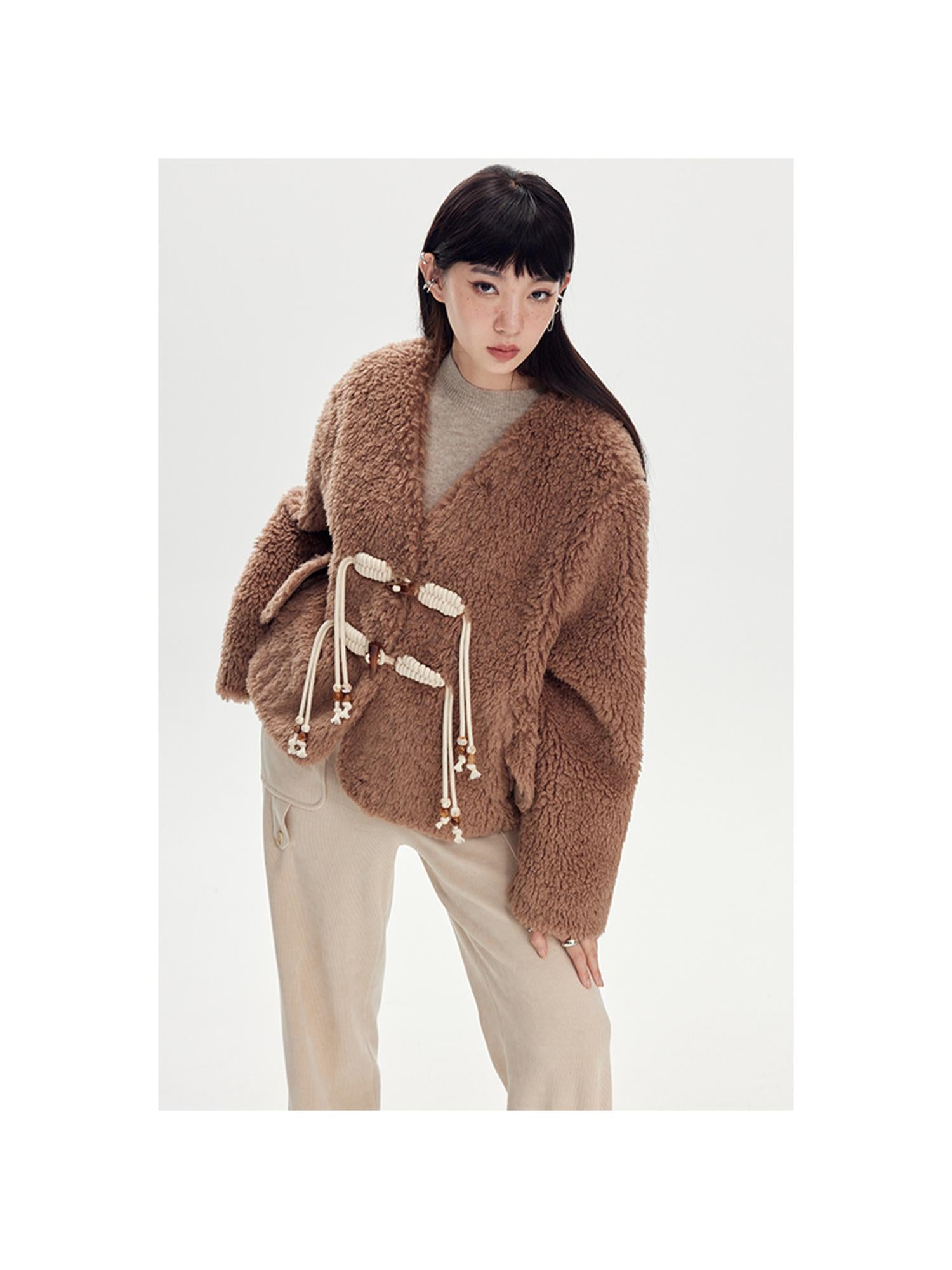 DIDDI MODA V Neck Raglan Sleeve Cute Buckle Wool Coat