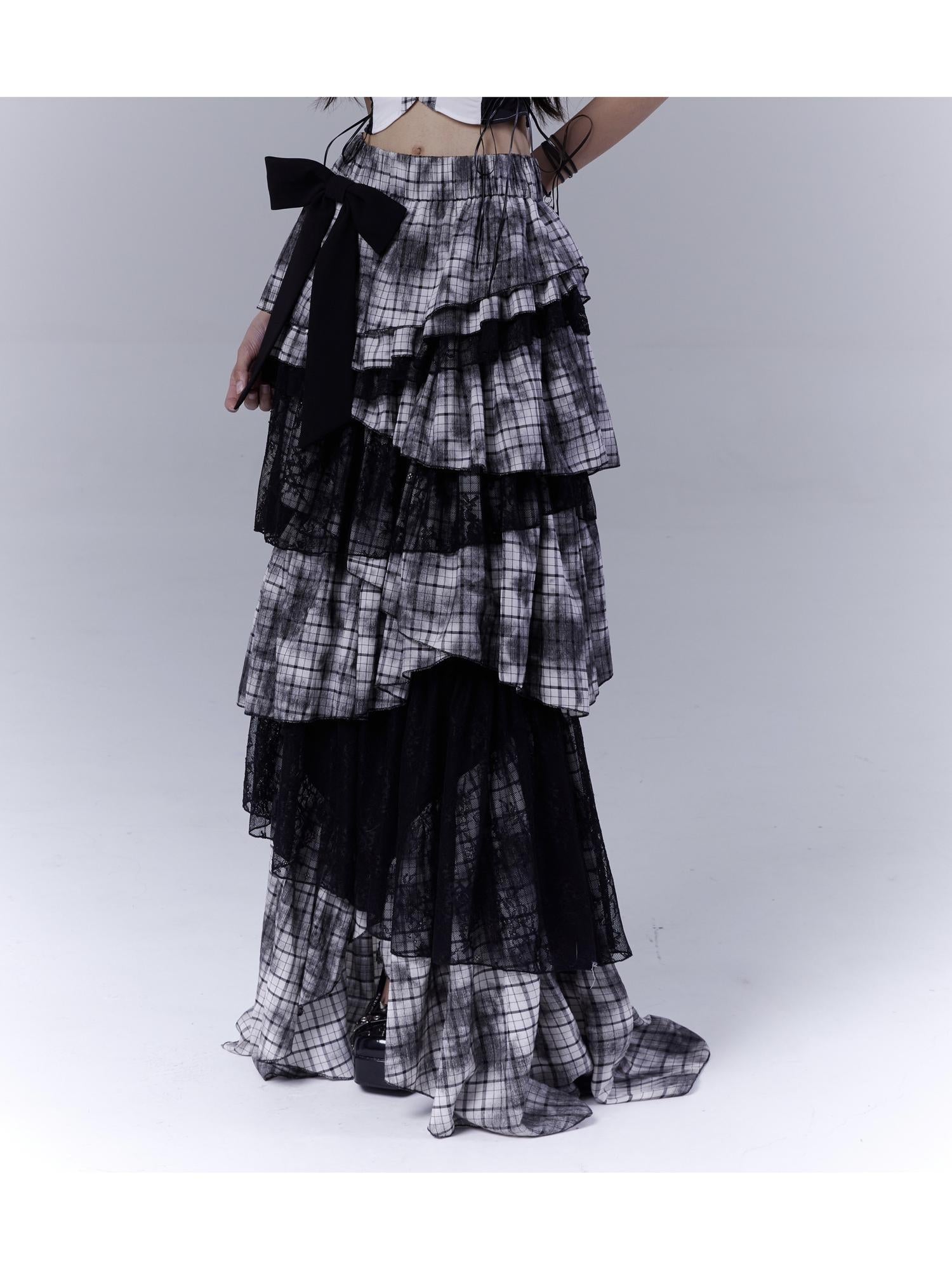 WSW WUSHENWU Gothic Lace Plaid Asymmetrical Cake Skirt