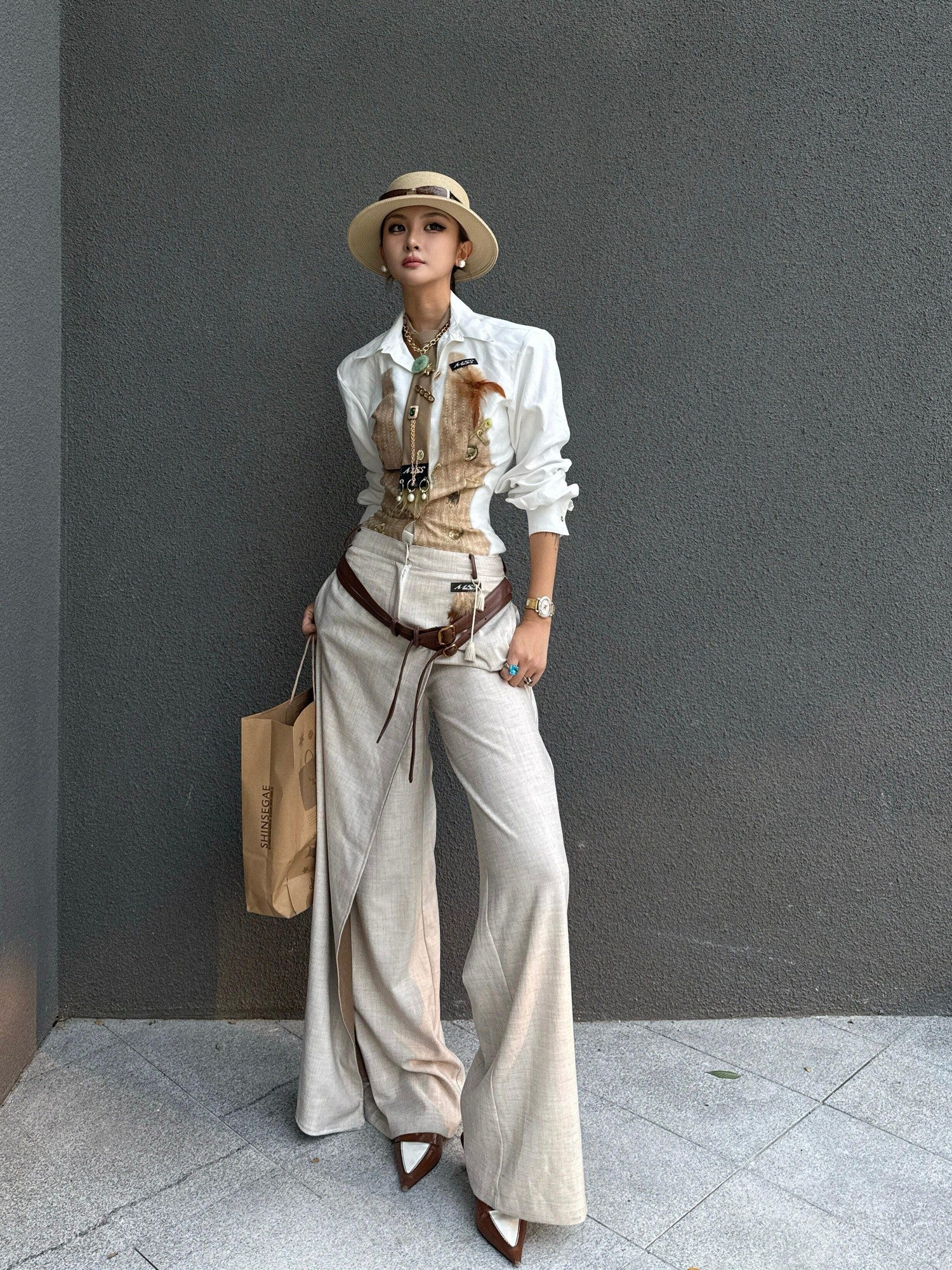 mss studio Playful Office Striped Padded Shoulders Cinched Waist Women&