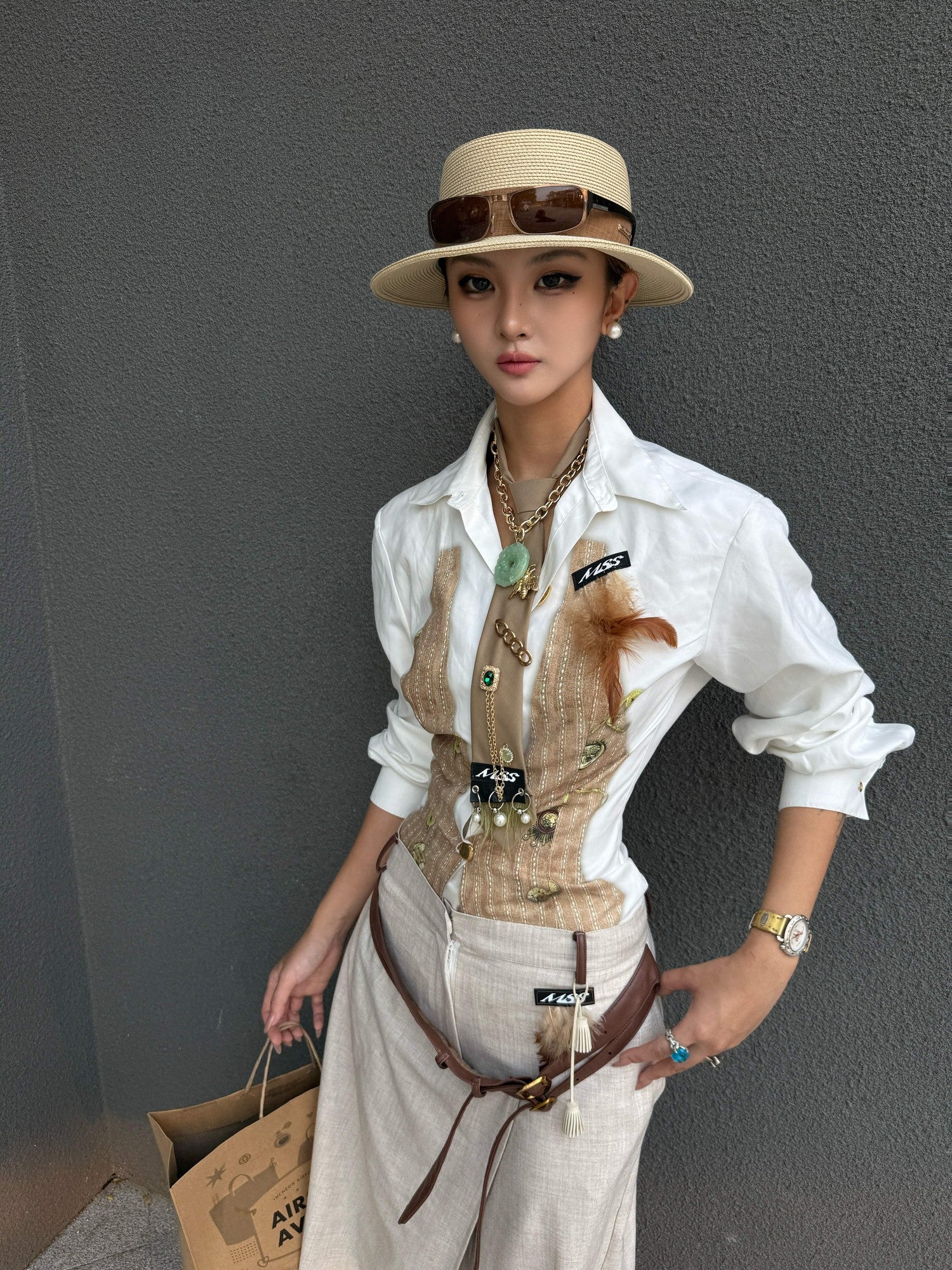 mss studio Playful Office Striped Padded Shoulders Cinched Waist Women&