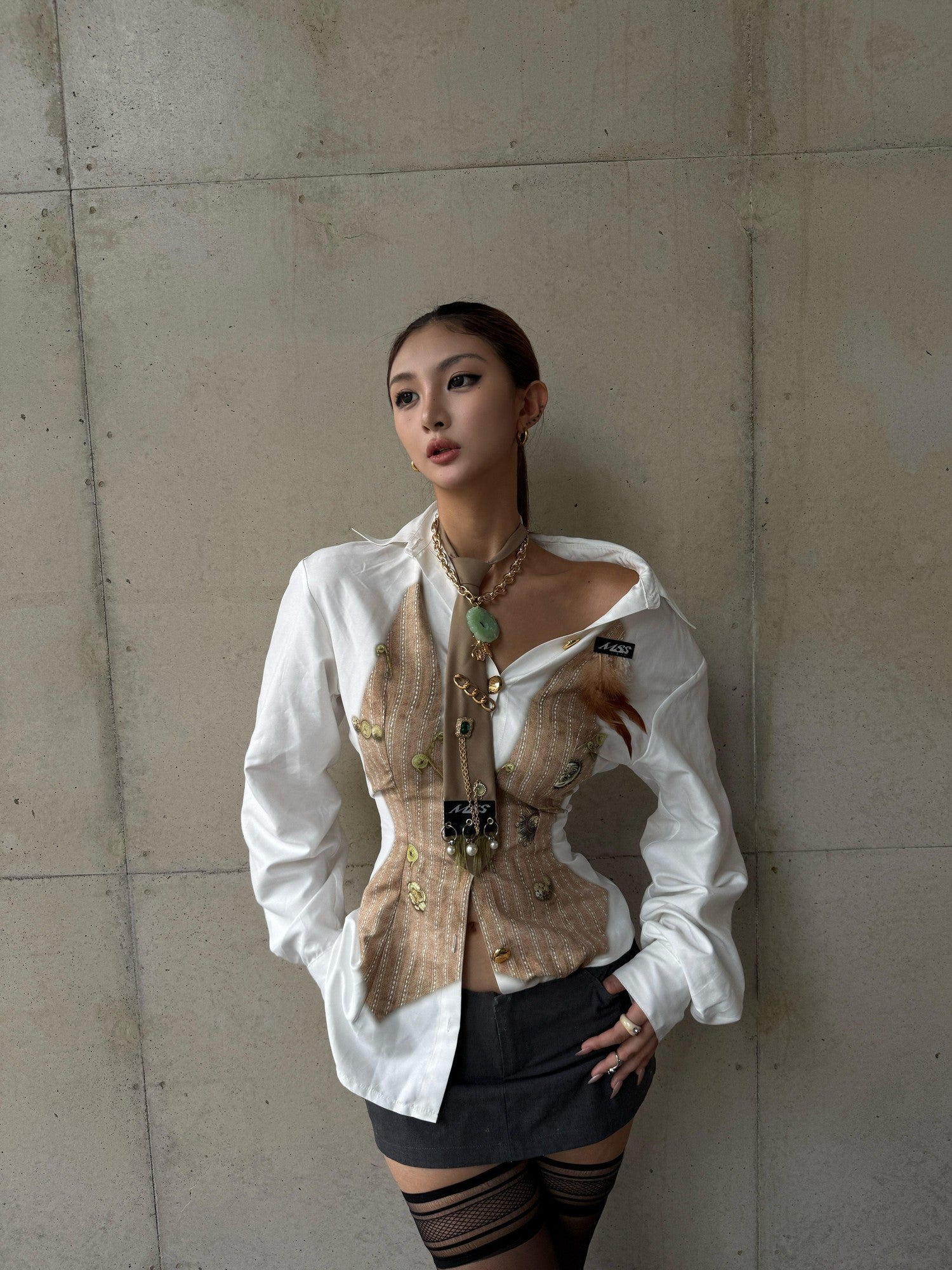mss studio Playful Office Striped Padded Shoulders Cinched Waist Women&
