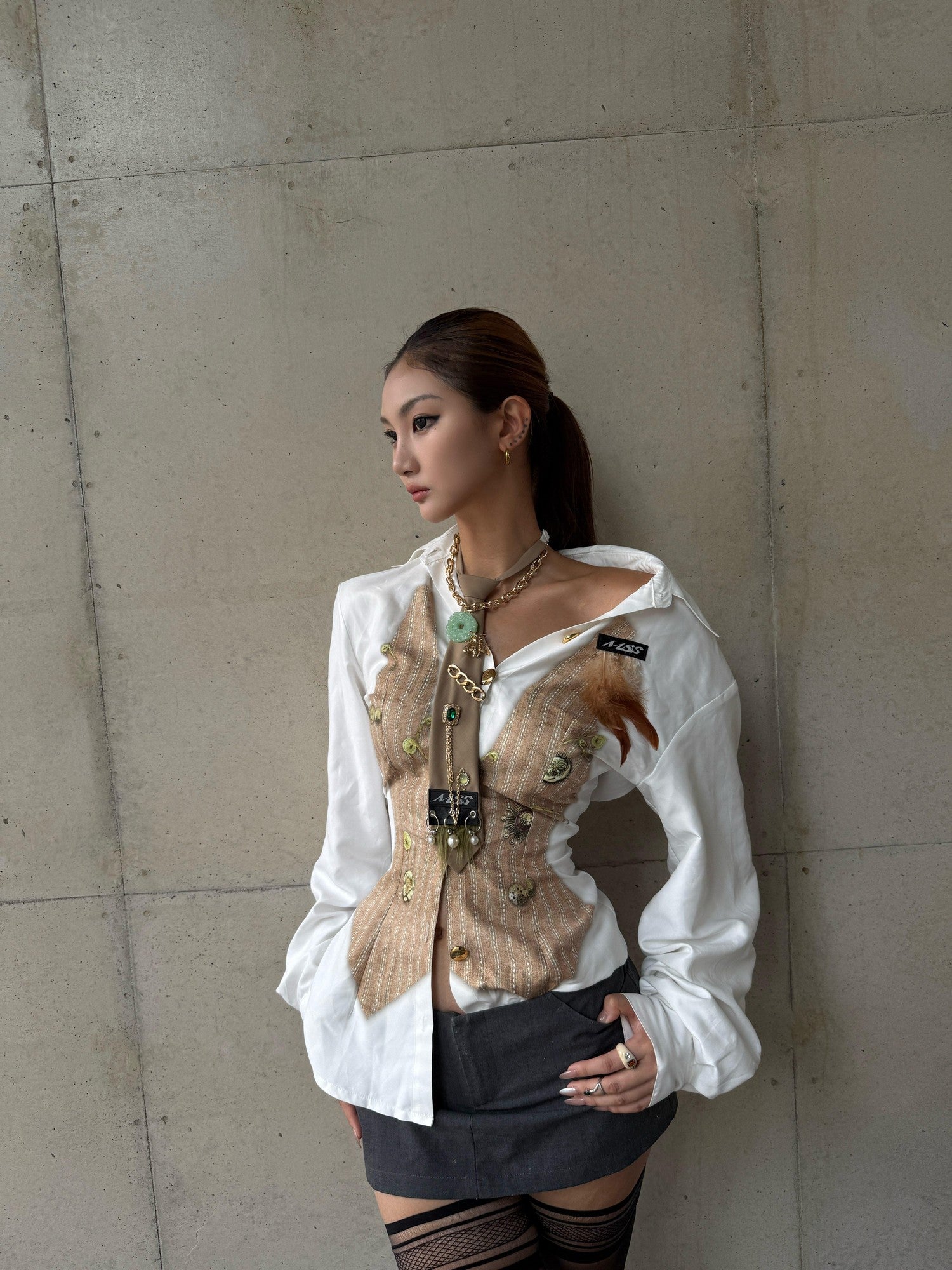 mss studio Playful Office Striped Padded Shoulders Cinched Waist Women&