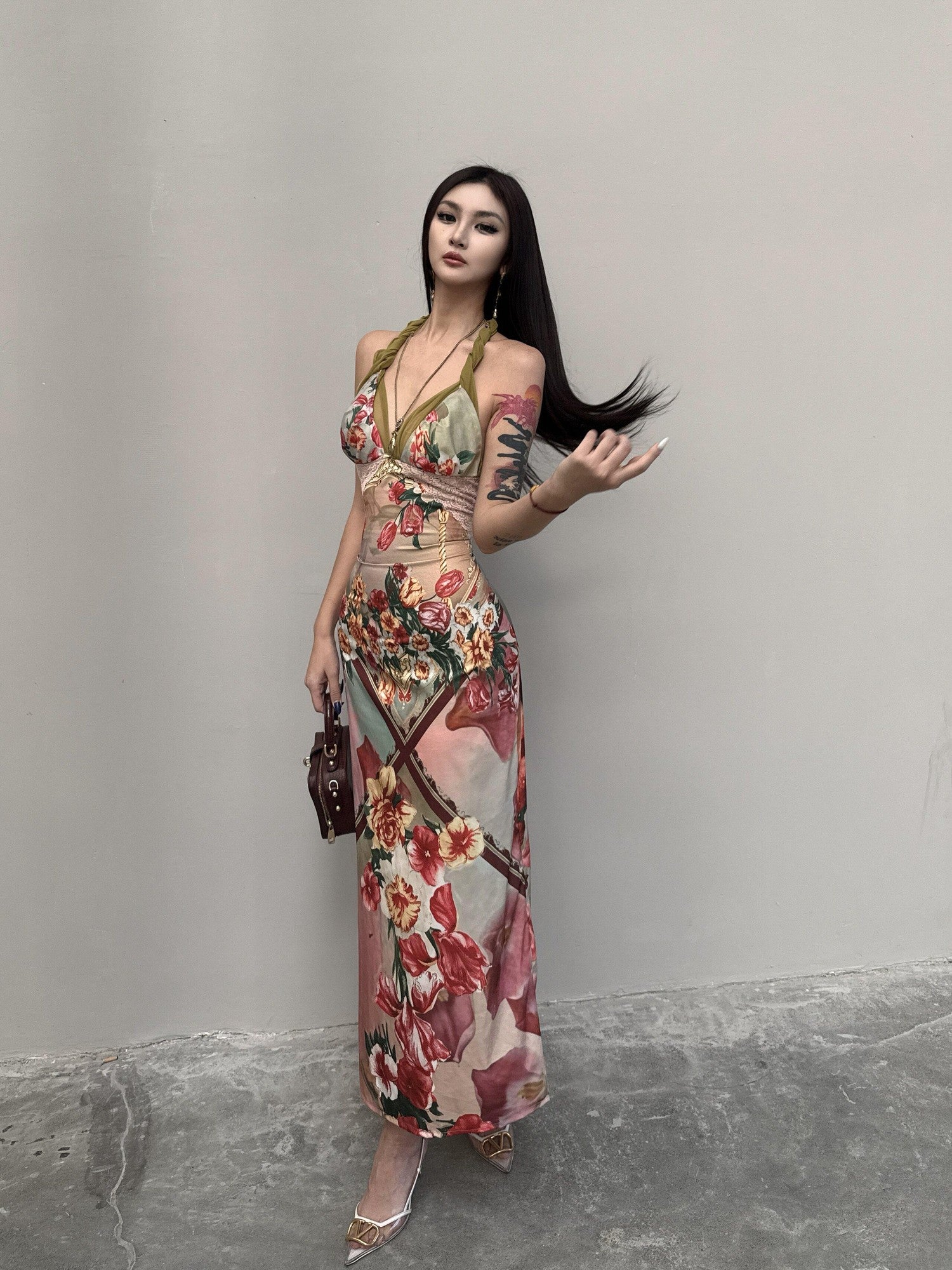 mss studio Romantic Floral Print Spliced Lace Slimming Women&