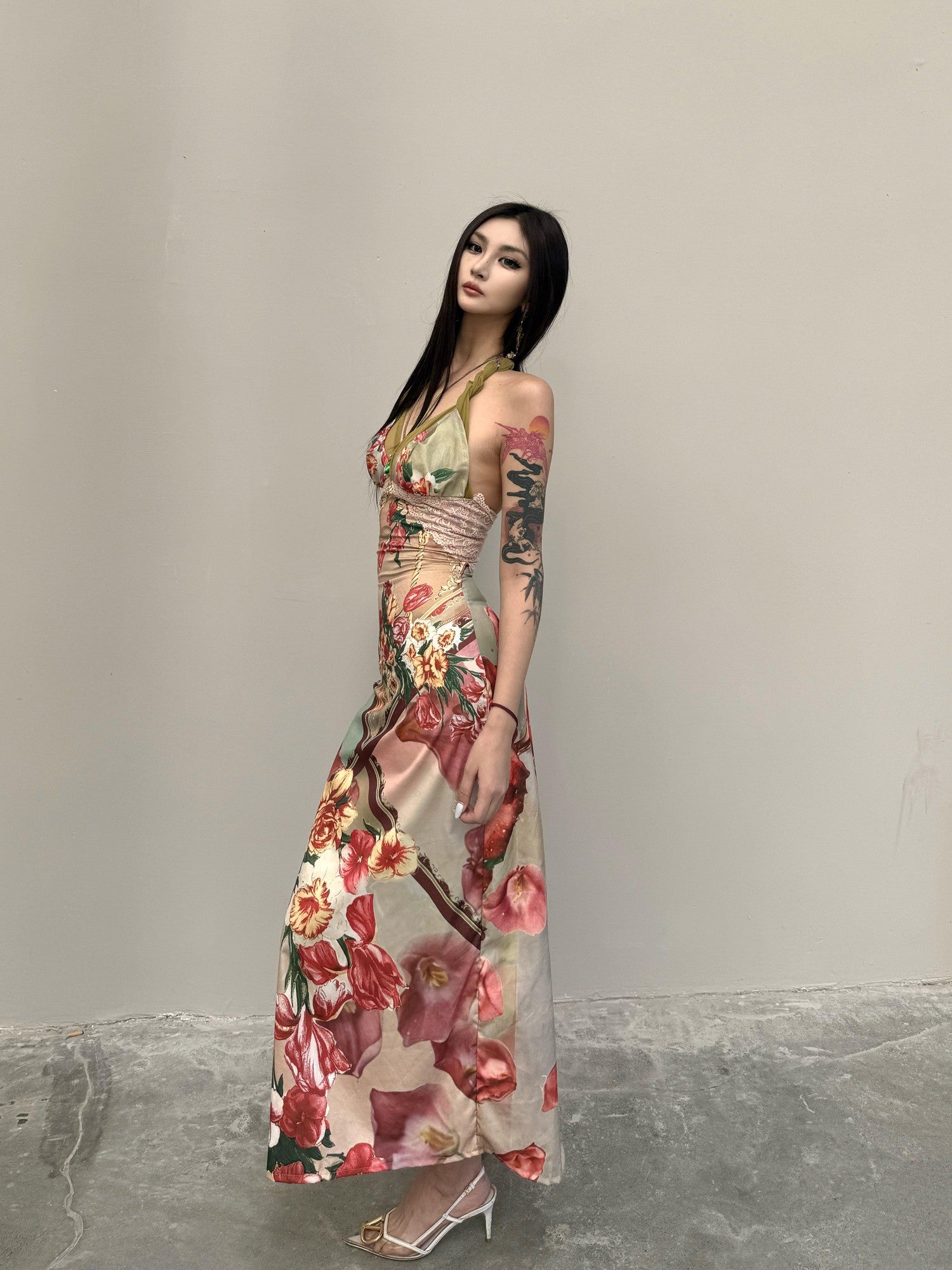 mss studio Romantic Floral Print Spliced Lace Slimming Women&