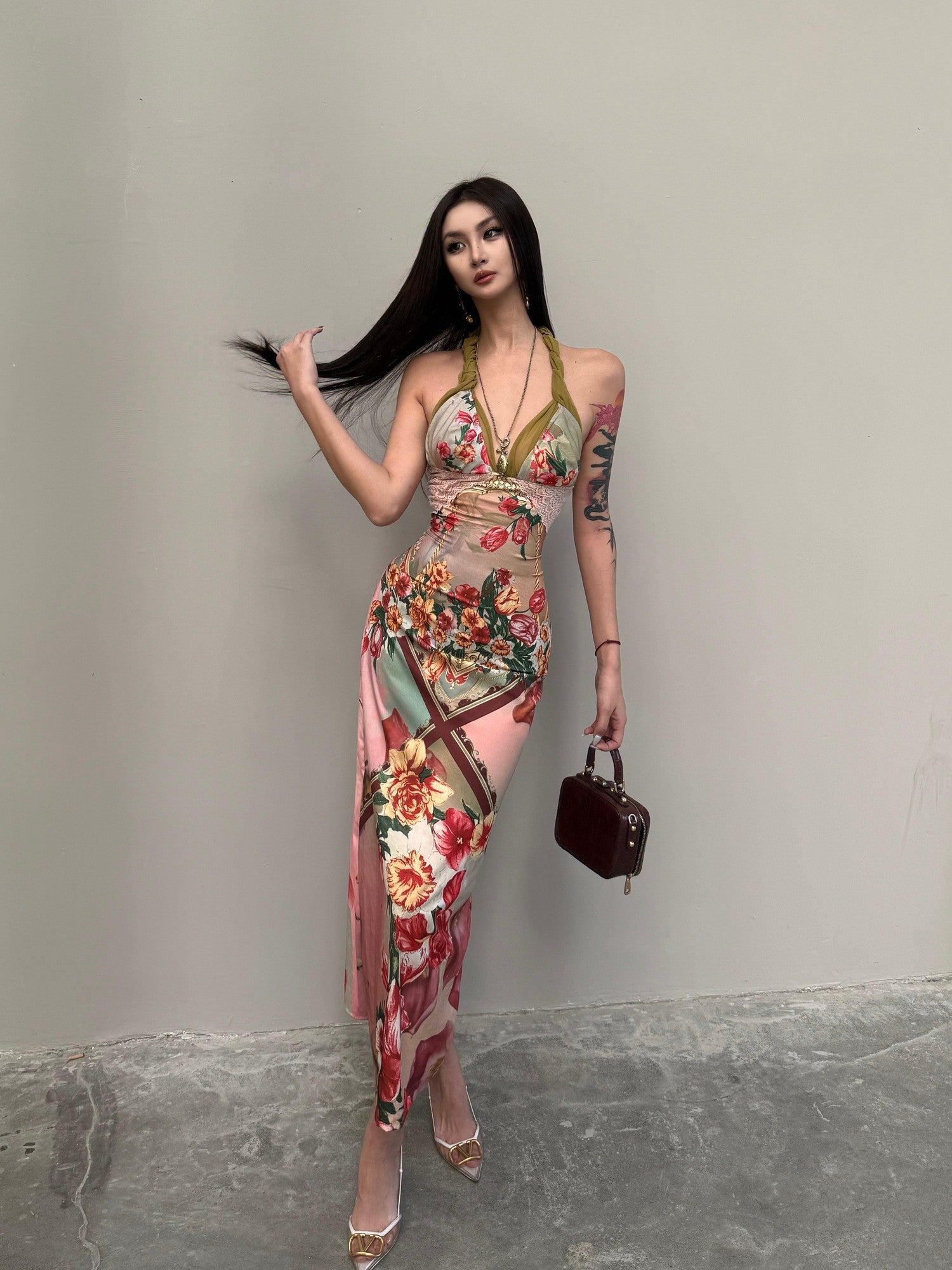 mss studio Romantic Floral Print Spliced Lace Slimming Women&