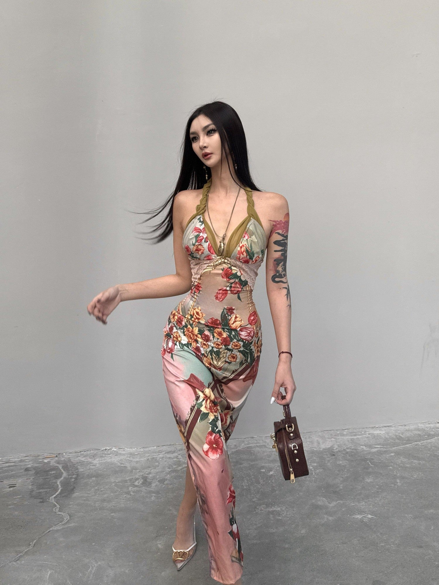 mss studio Romantic Floral Print Spliced Lace Slimming Women&