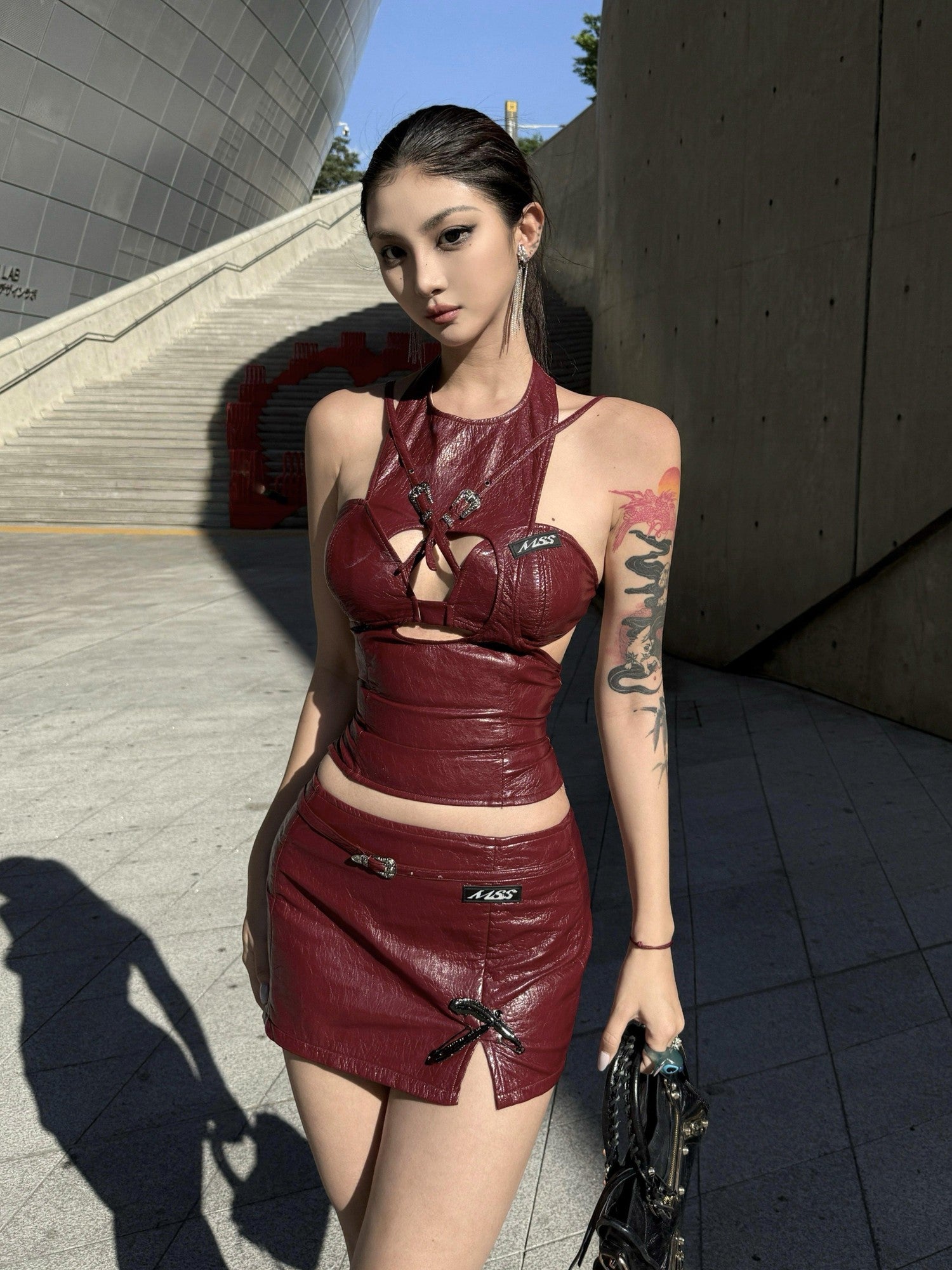 mss studio Sexy Burgundy Deconstructed Halter Women&