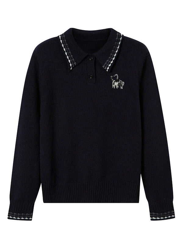 Academy Style Polo Knit With Embroidered Kitty And Heart
