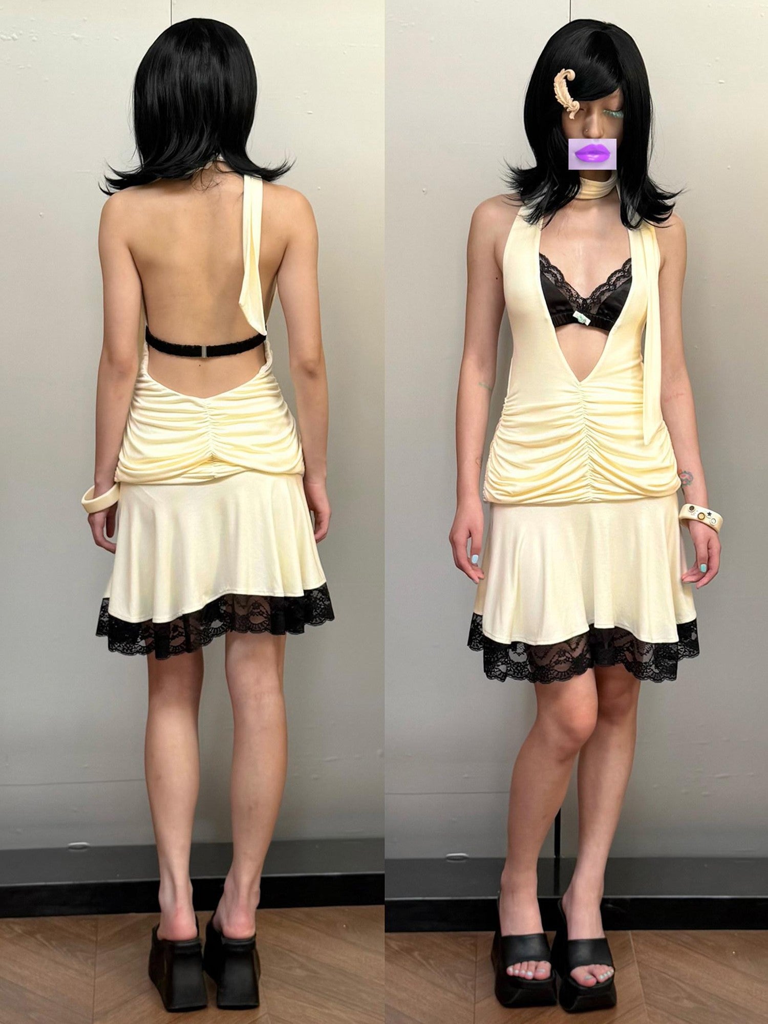 nit alcove Tri Color Bustier Pleated Low Waist Backless Women&