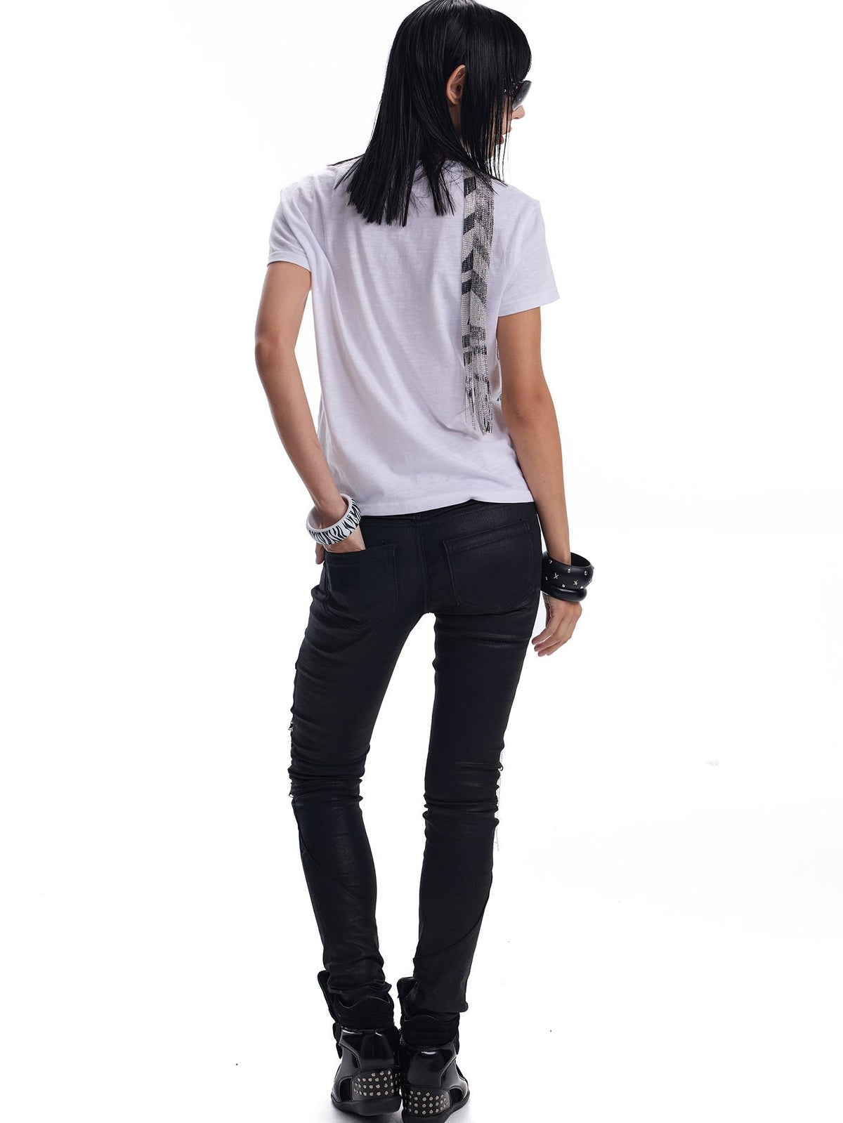 no E mosen Cross Silver Rhinestone Embroidered Semi Sheer Bamboo Texture V-neck Women&