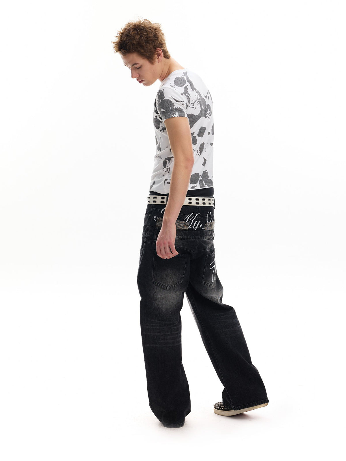 no E mosen Leopard Print Embroidered Double Waist Loose Fit Cotton Women&