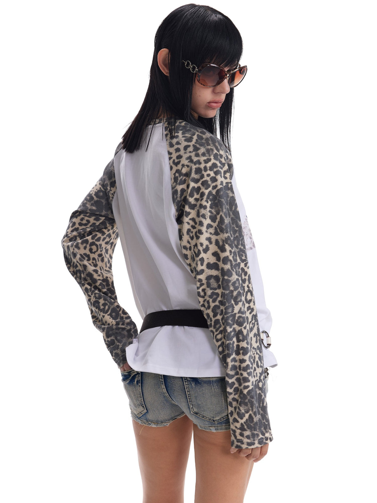 no E mosen Leopard Print Embroidered Raglan Sleeve Color Block Women&