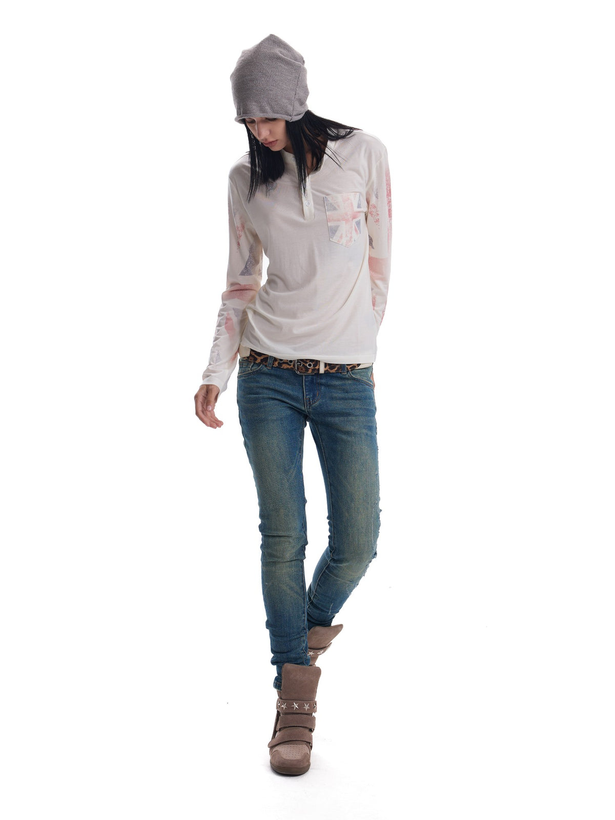 no E mosen Semi Sheer Union Jack Distressed Print Henley Women&