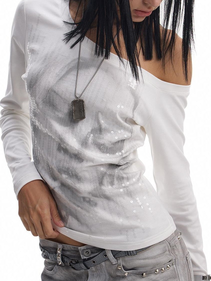 no E mosen Sequin Embroidered Asymmetric One Shoulder Retro Print Women&
