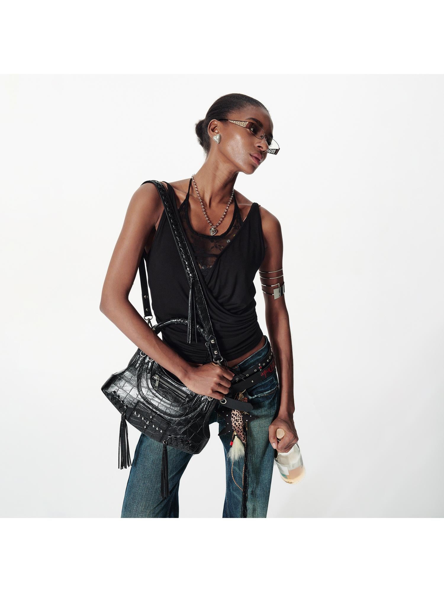 2th Desire Punk Deconstructed Crossbody Bag With Studs Fringe Vintage Handbag