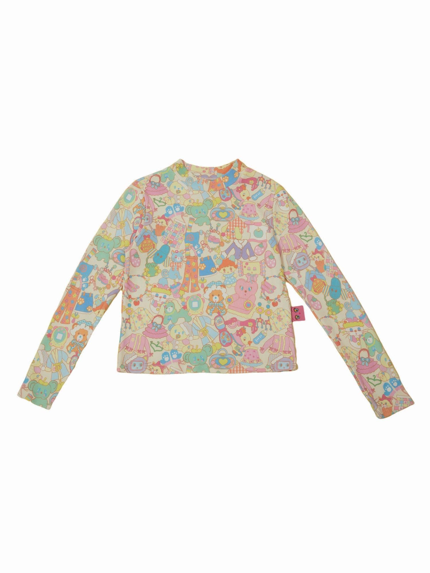 Frufru Gulu Girl Cute Print Waffle Pants Long Sleeve Set Beige Autumn Winter
