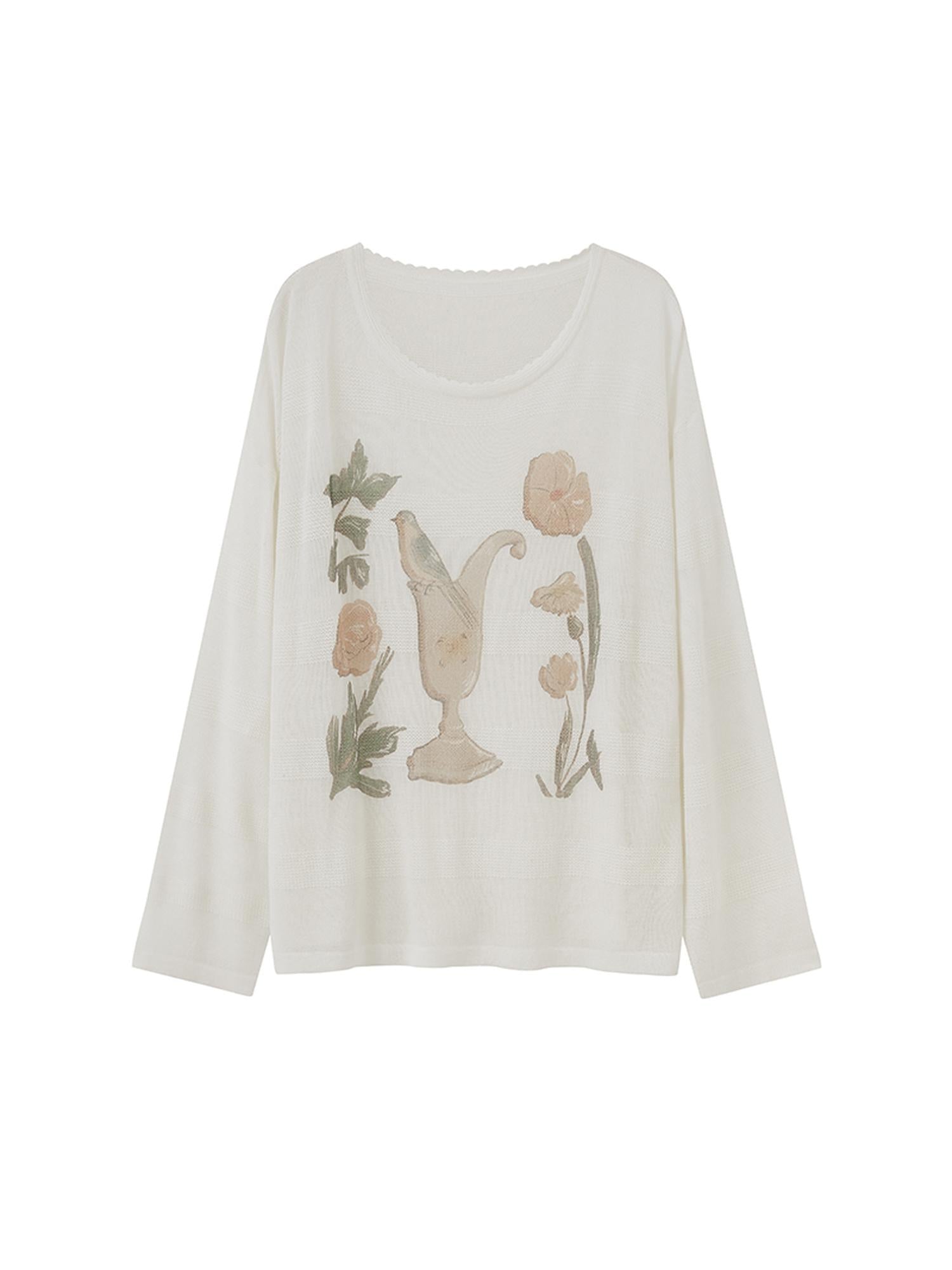 DIDDI MODA Silk Bird Vase Knit Sheer Top
