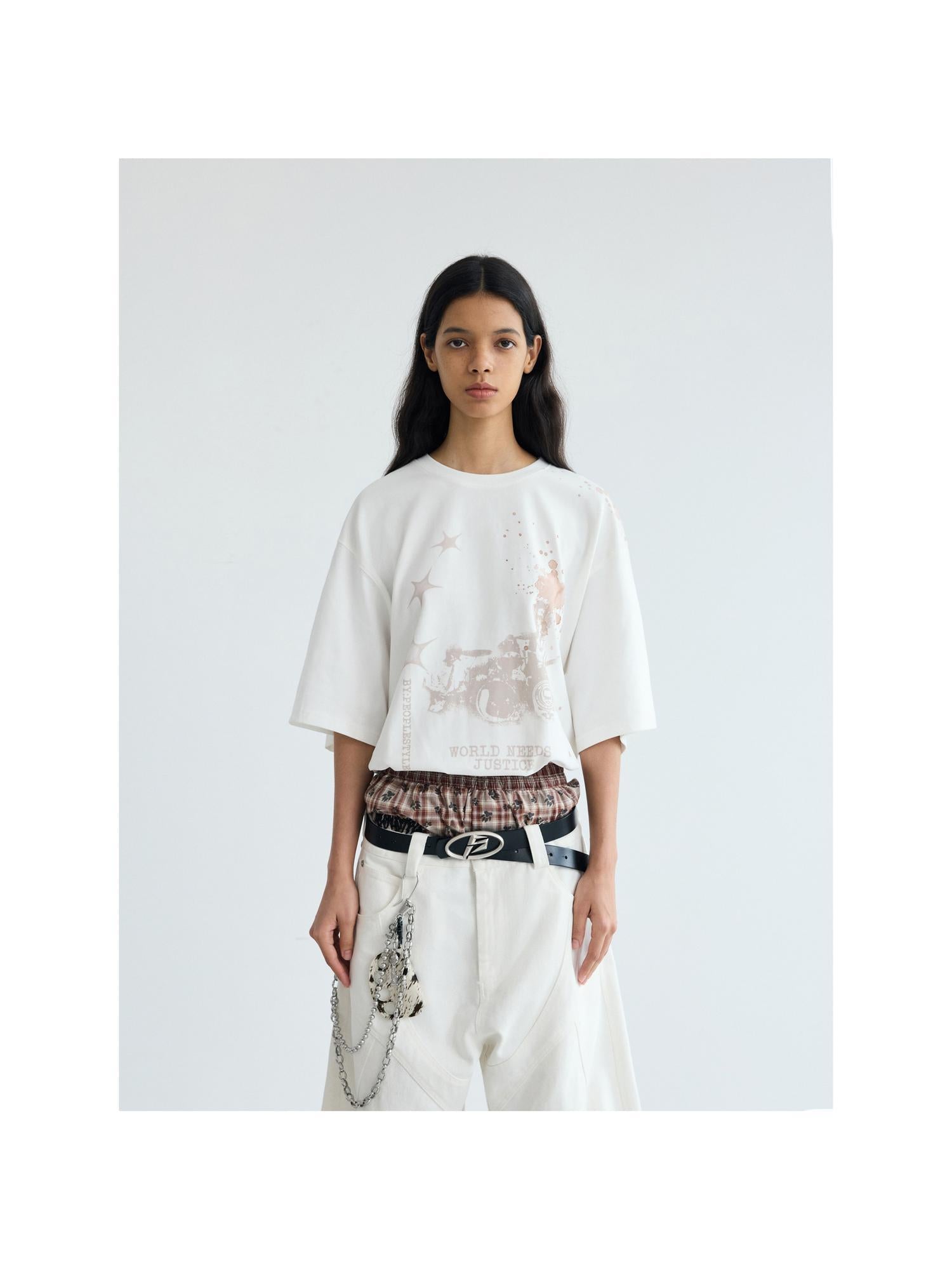 Peoplesense Unisex White Ink Jet Print Loose Fit Cotton Tee