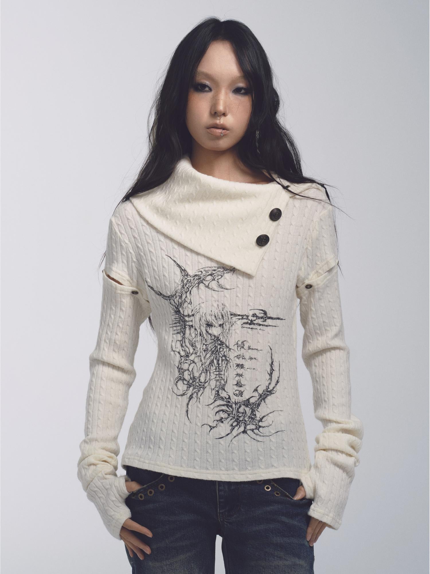 NONAME SPACE Stretch Cable Knit Suit With Detachable Sleeves And Deform Neckline