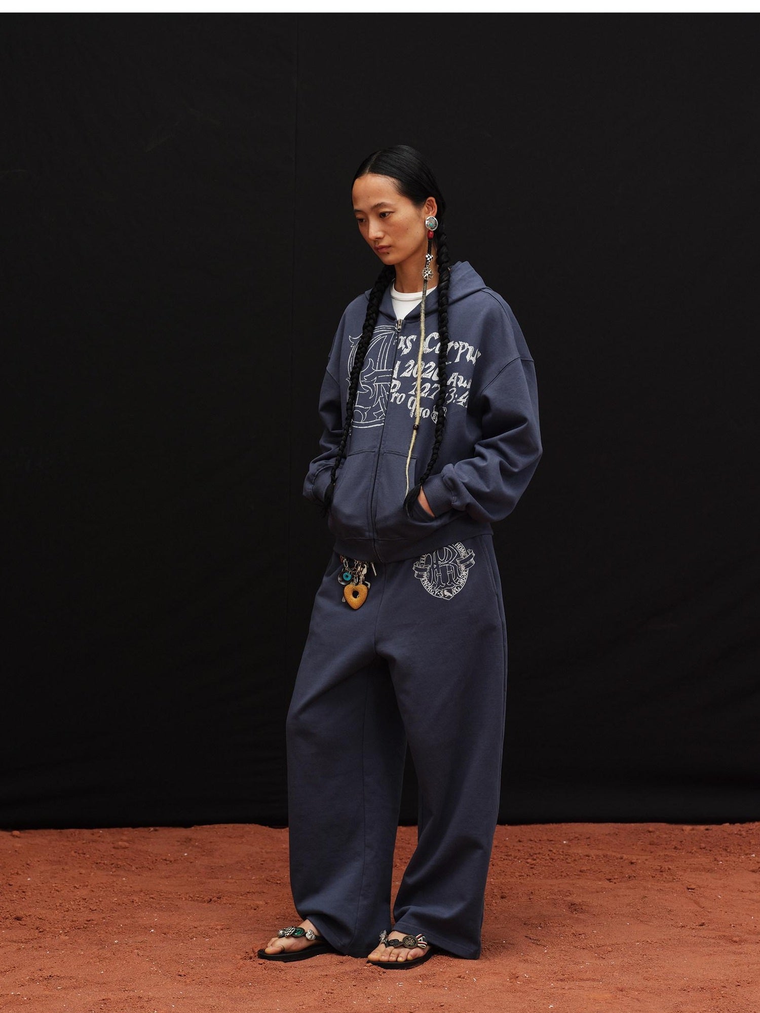 oinimi Asymmetric Street Loose Straight Cotton Knit Natural Waist Mouse Blue Pants