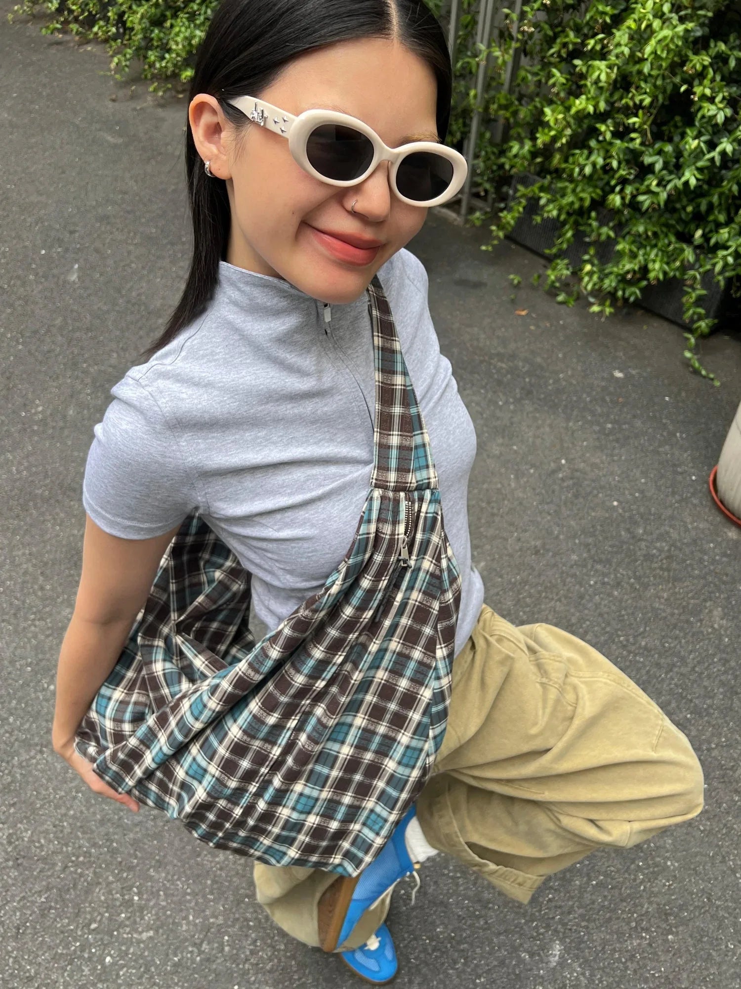 Canvas Checkered Crossbody Bag In Lake Blue