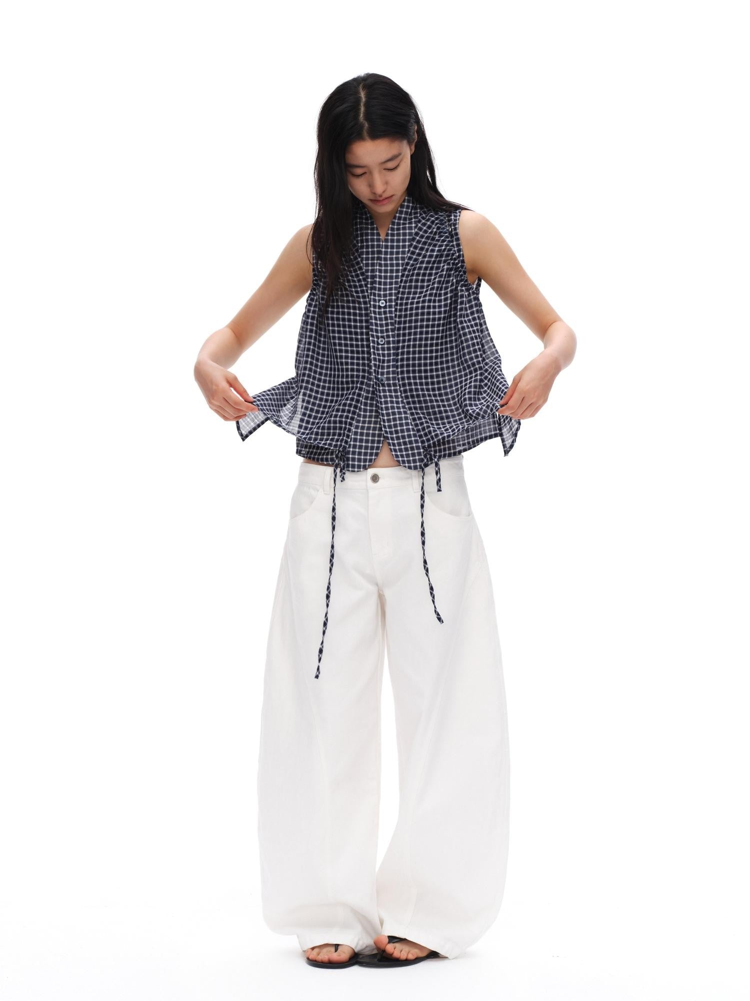 oinimi Deep Blue Plaid Shirred Drawstring Stand Collar Women&