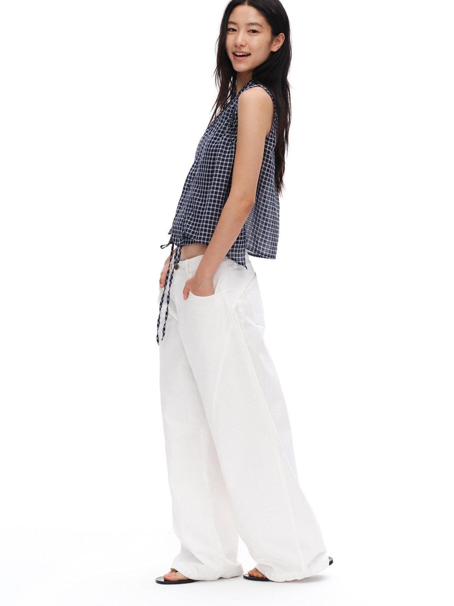 oinimi Deep Blue Plaid Shirred Drawstring Stand Collar Women&