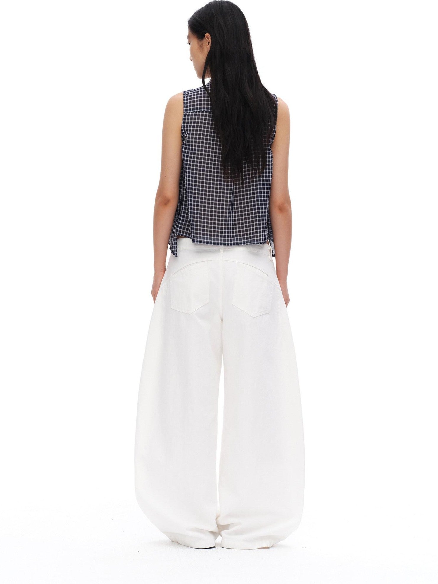oinimi Deep Blue Plaid Shirred Drawstring Stand Collar Women&