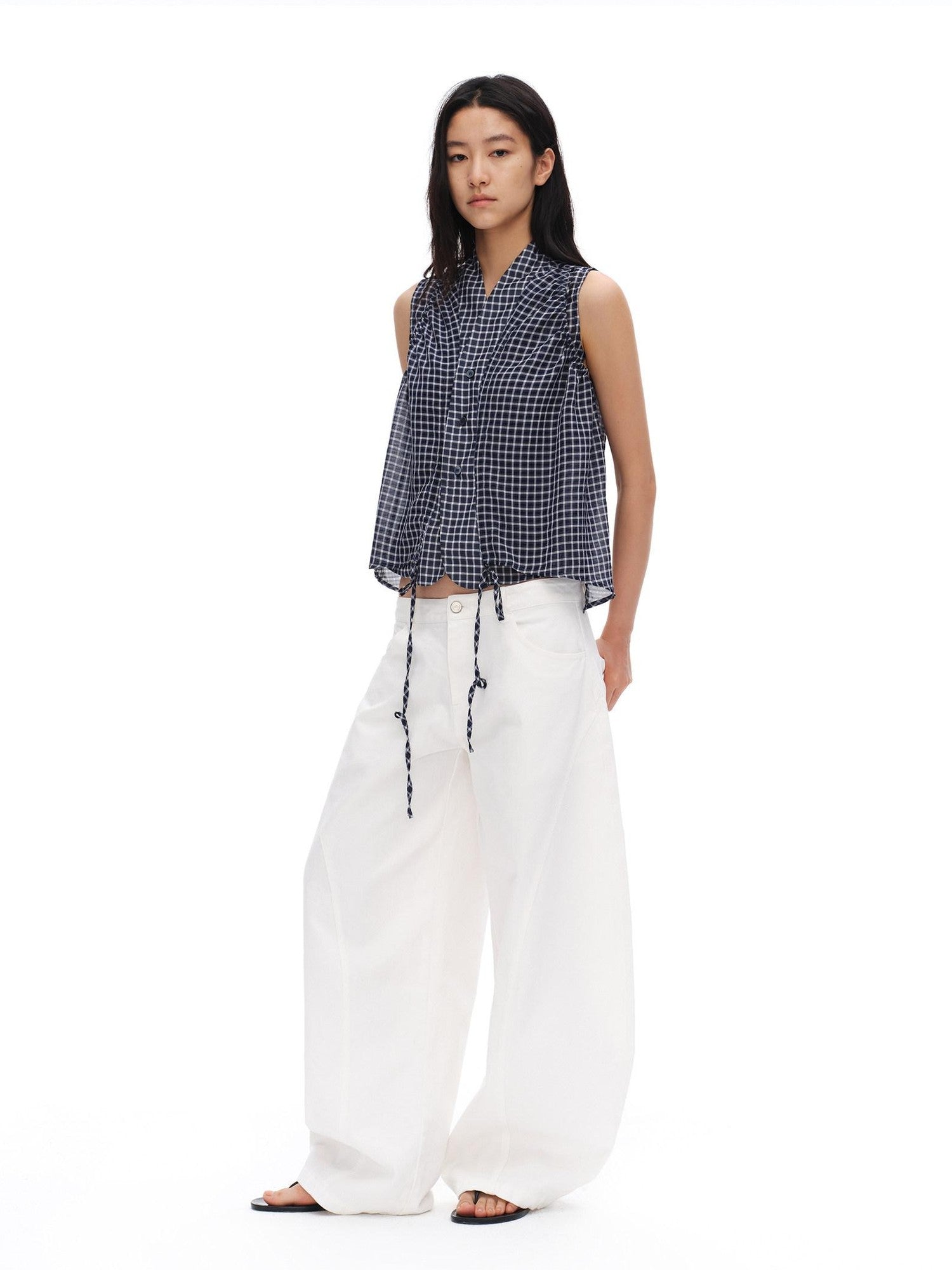 oinimi Deep Blue Plaid Shirred Drawstring Stand Collar Women&