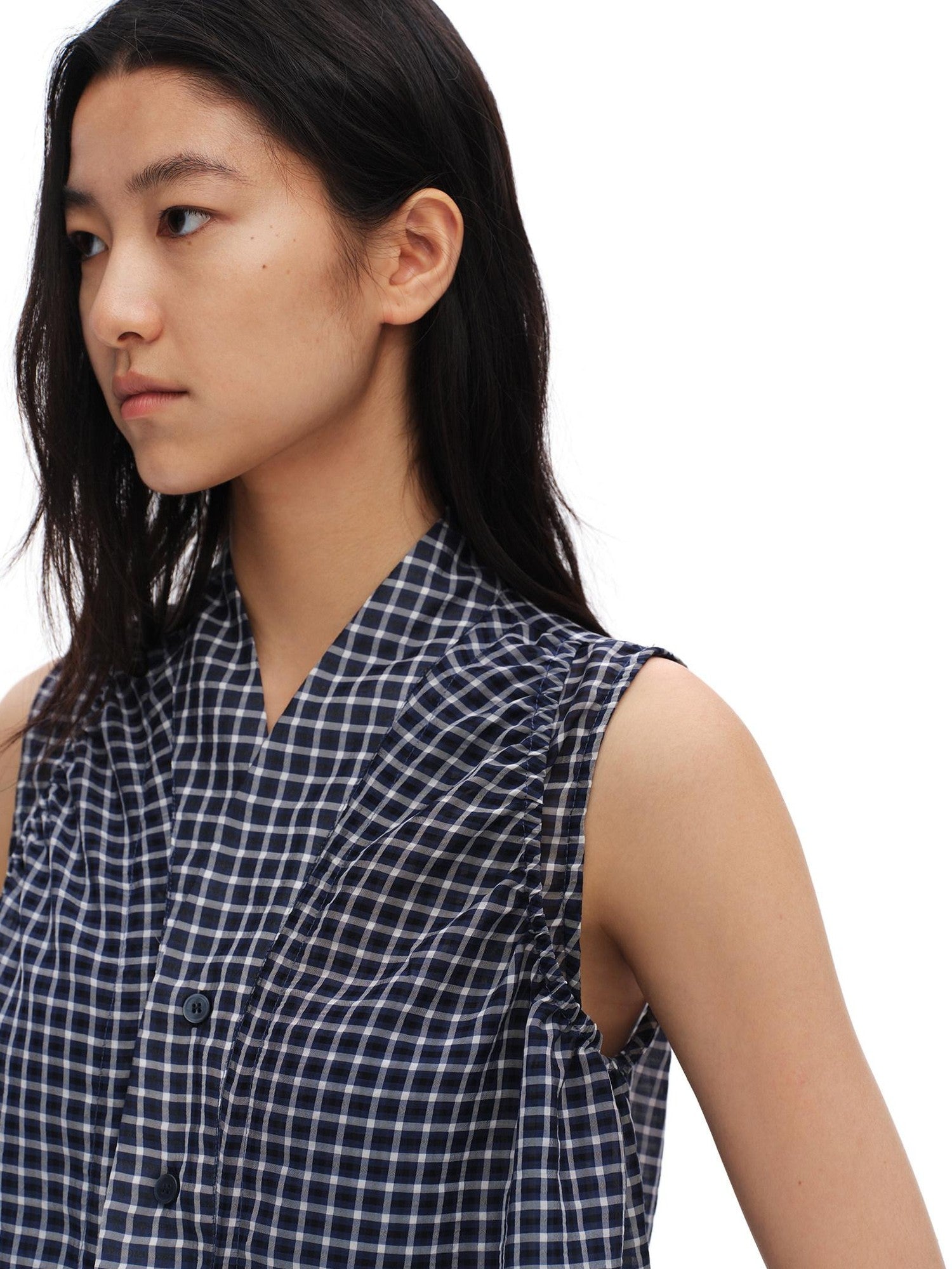 oinimi Deep Blue Plaid Shirred Drawstring Stand Collar Women&