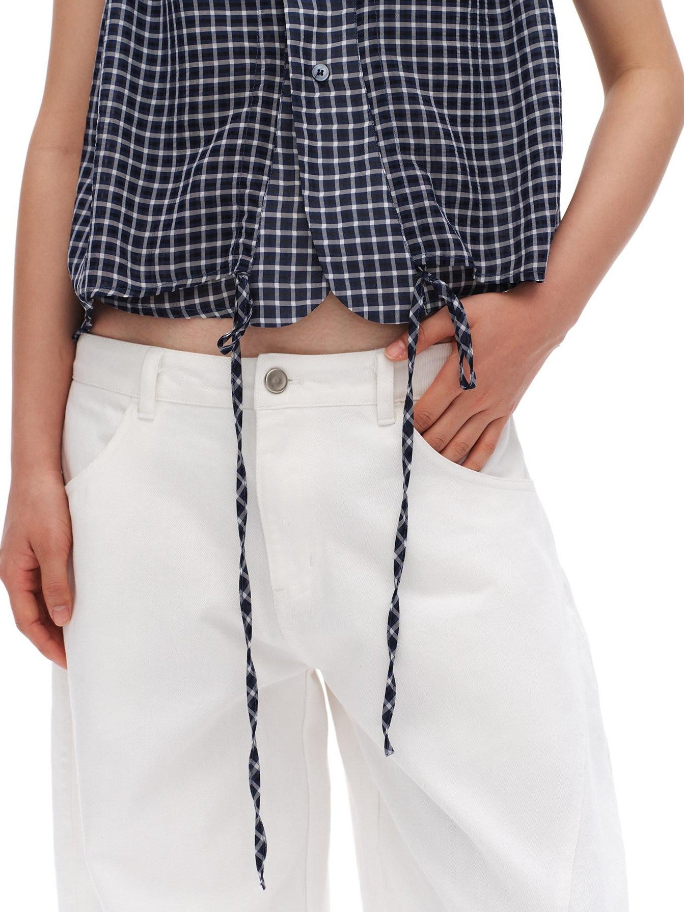 oinimi Deep Blue Plaid Shirred Drawstring Stand Collar Women&