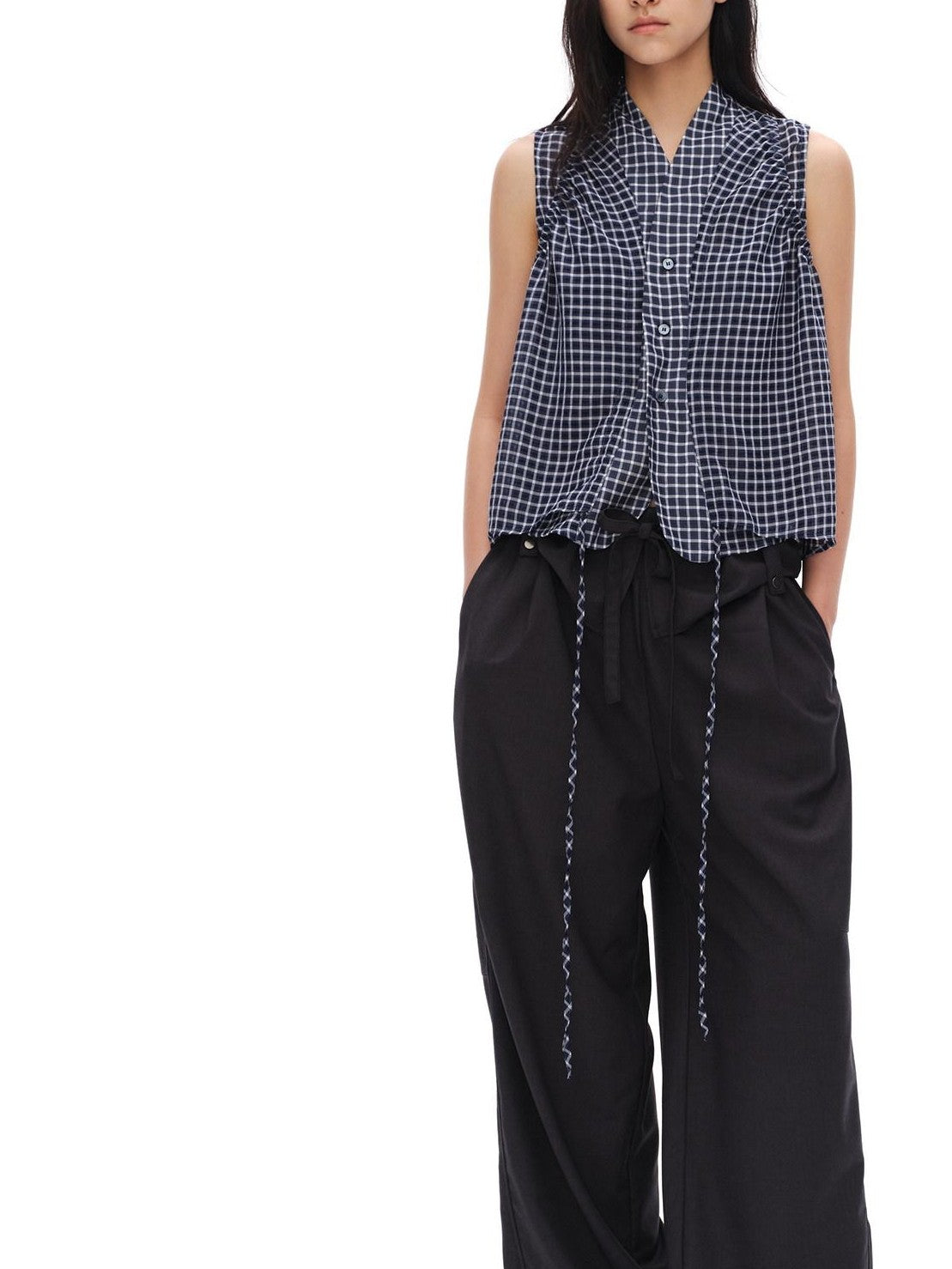 oinimi Deep Blue Plaid Shirred Drawstring Stand Collar Women&