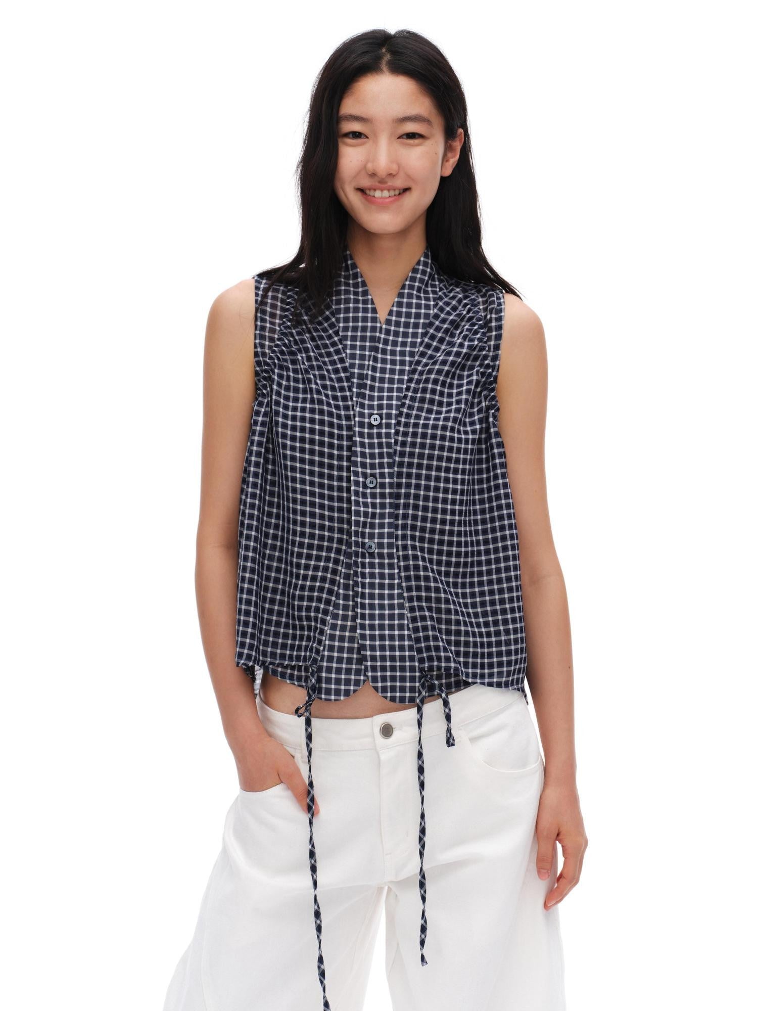 oinimi Deep Blue Plaid Shirred Drawstring Stand Collar Women&