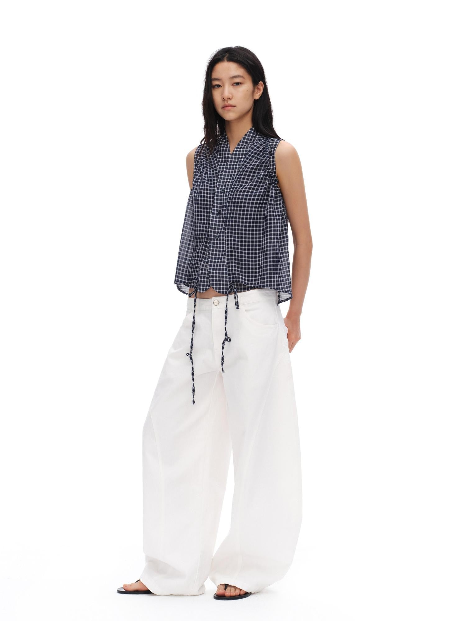 oinimi Deep Blue Plaid Shirred Drawstring Stand Collar Women&