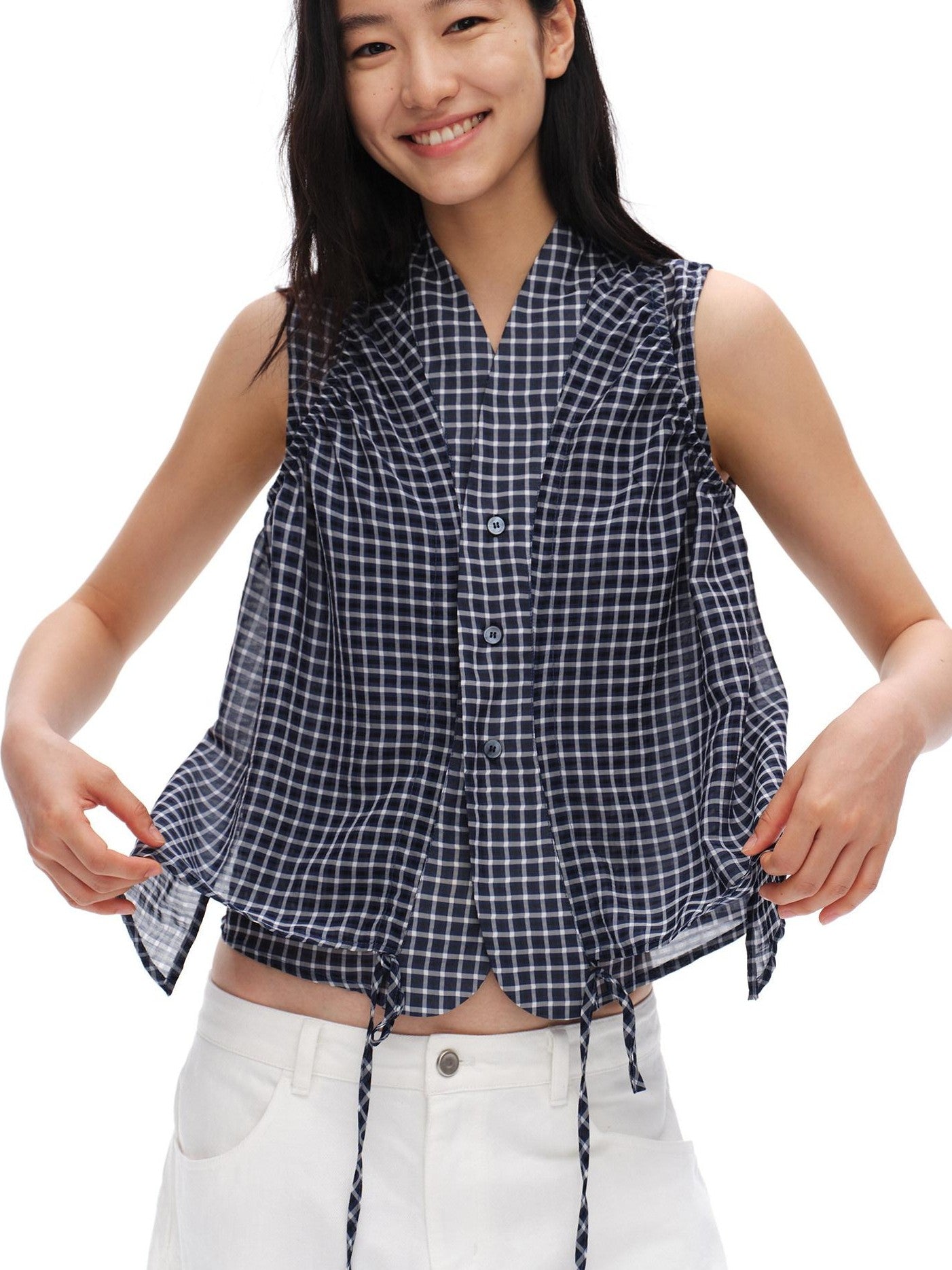 oinimi Deep Blue Plaid Shirred Drawstring Stand Collar Women&