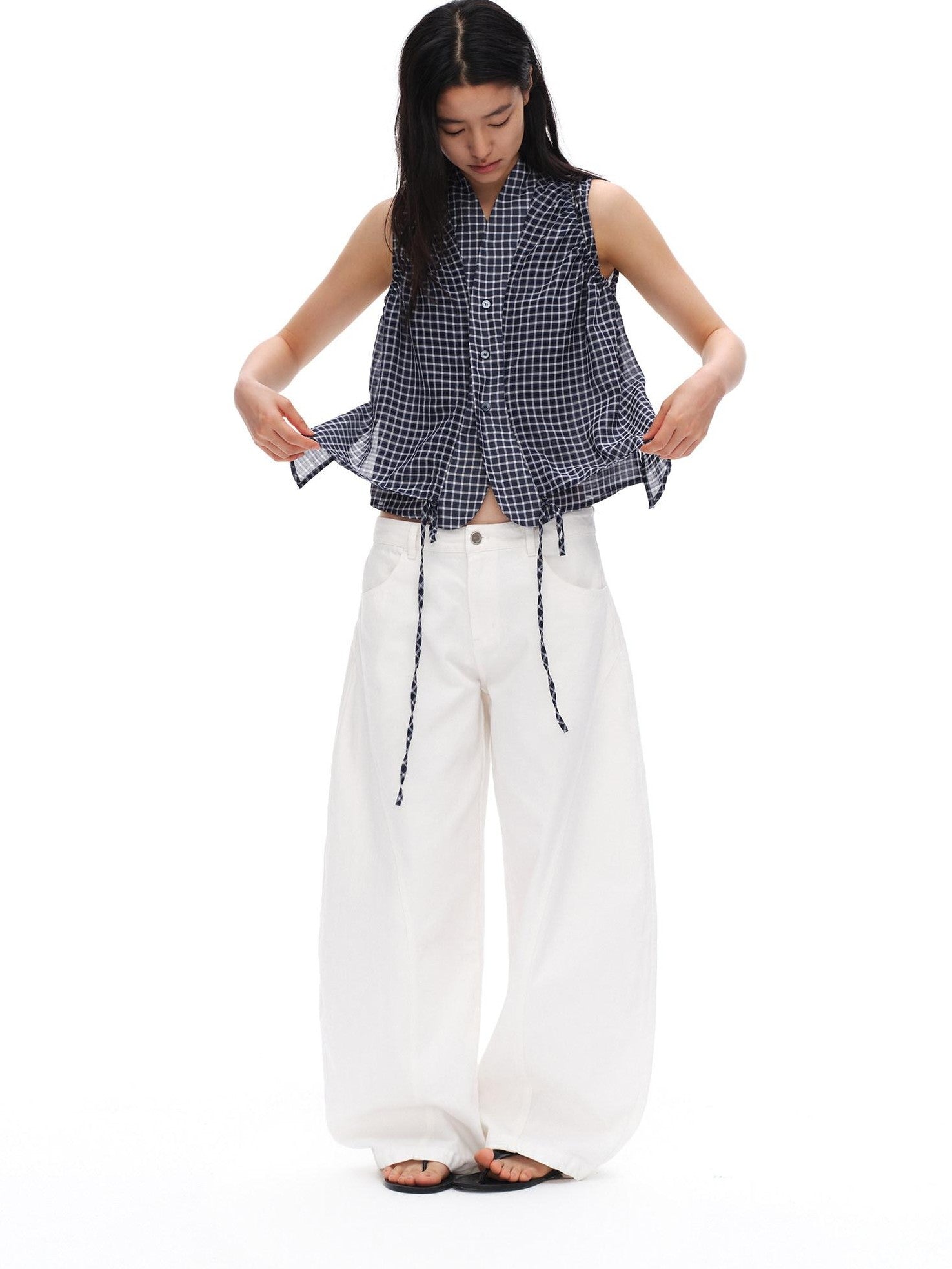 oinimi Deep Blue Plaid Shirred Drawstring Stand Collar Women&