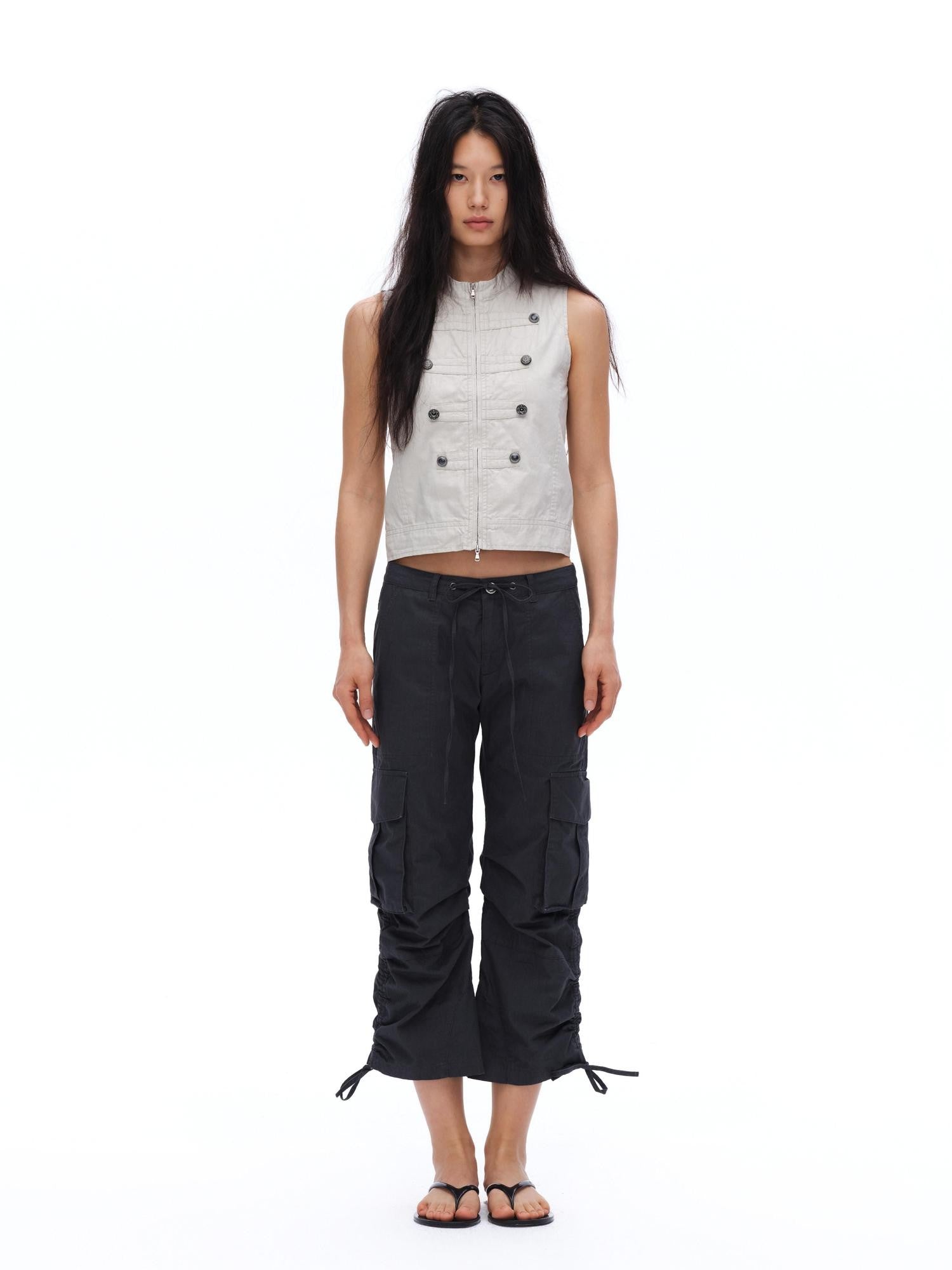 oinimi Deep Gray Pleated Drawstring Low Rise Cropped Straight Women&