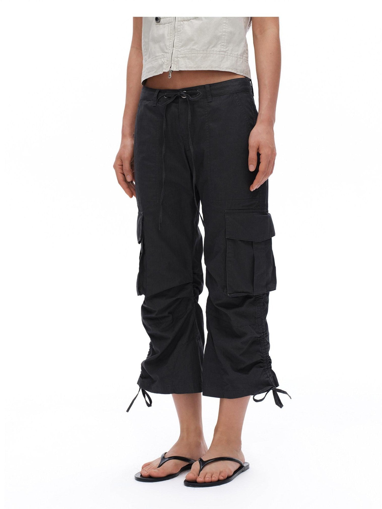 oinimi Deep Gray Pleated Drawstring Low Rise Cropped Straight Women&