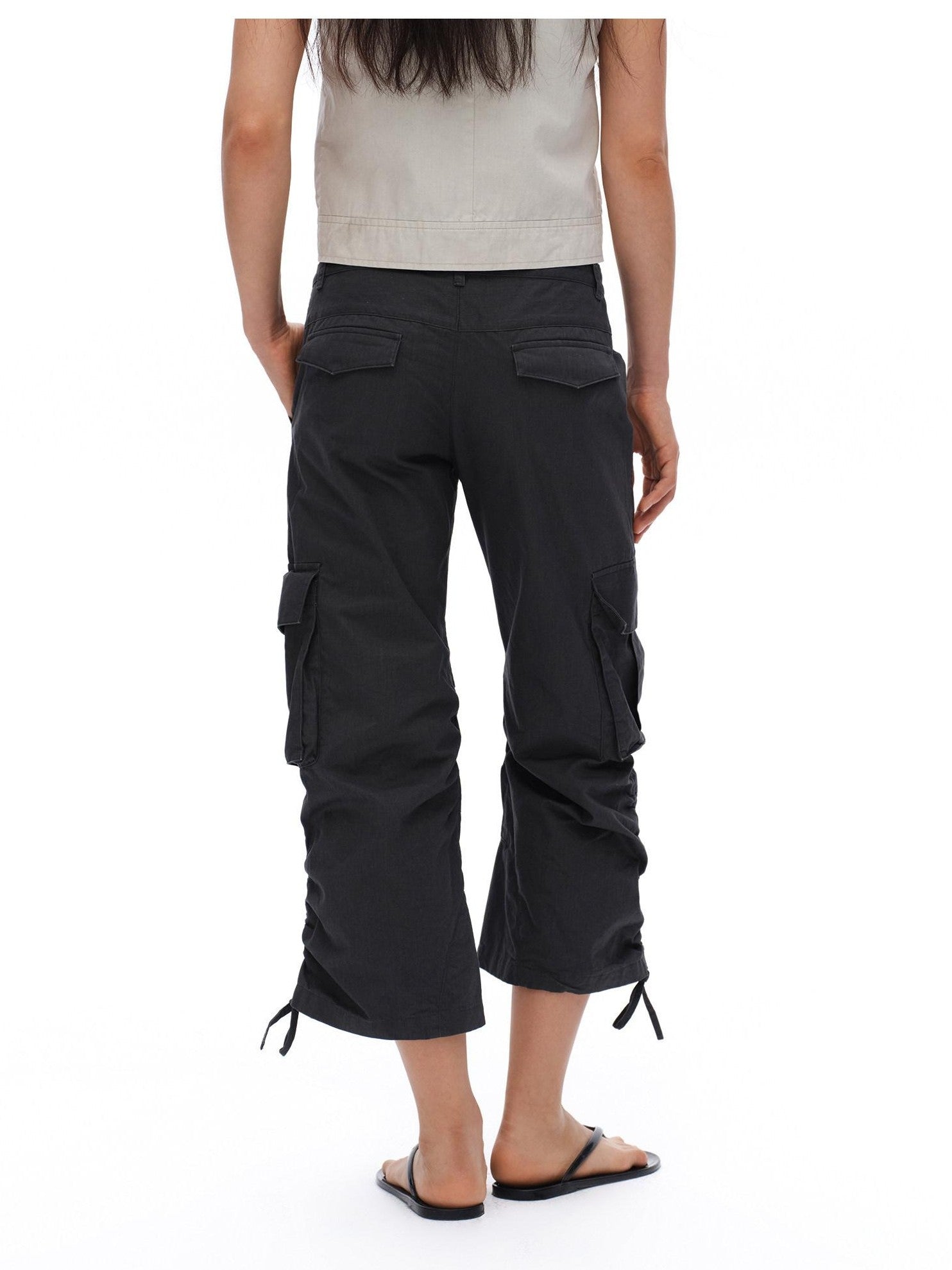 oinimi Deep Gray Pleated Drawstring Low Rise Cropped Straight Women&