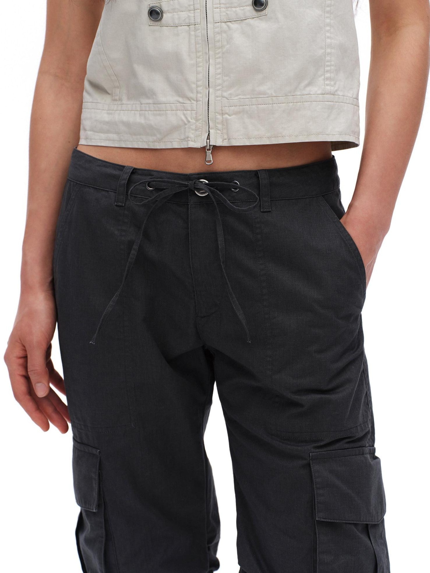 oinimi Deep Gray Pleated Drawstring Low Rise Cropped Straight Women&