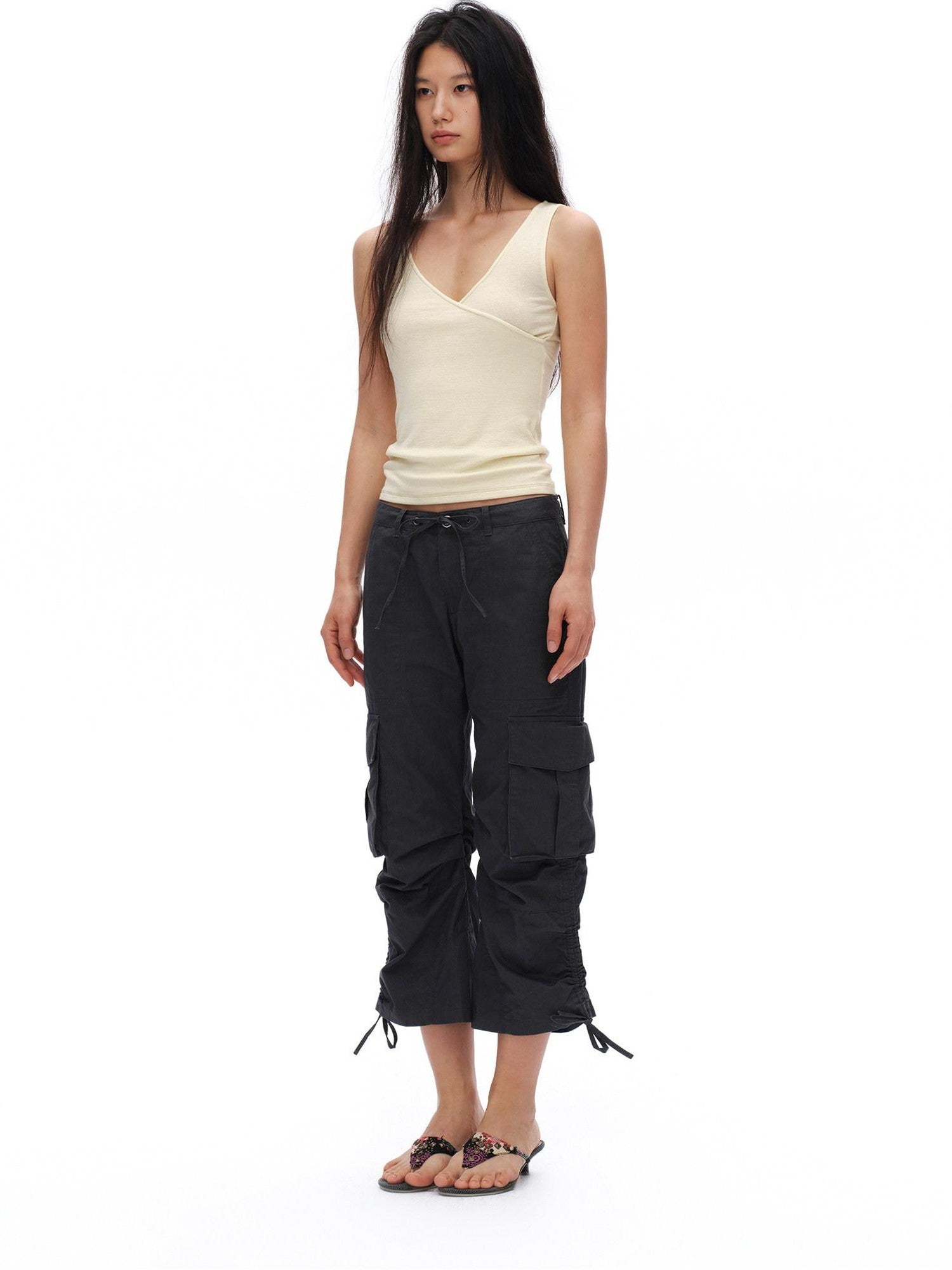 oinimi Deep Gray Pleated Drawstring Low Rise Cropped Straight Women&
